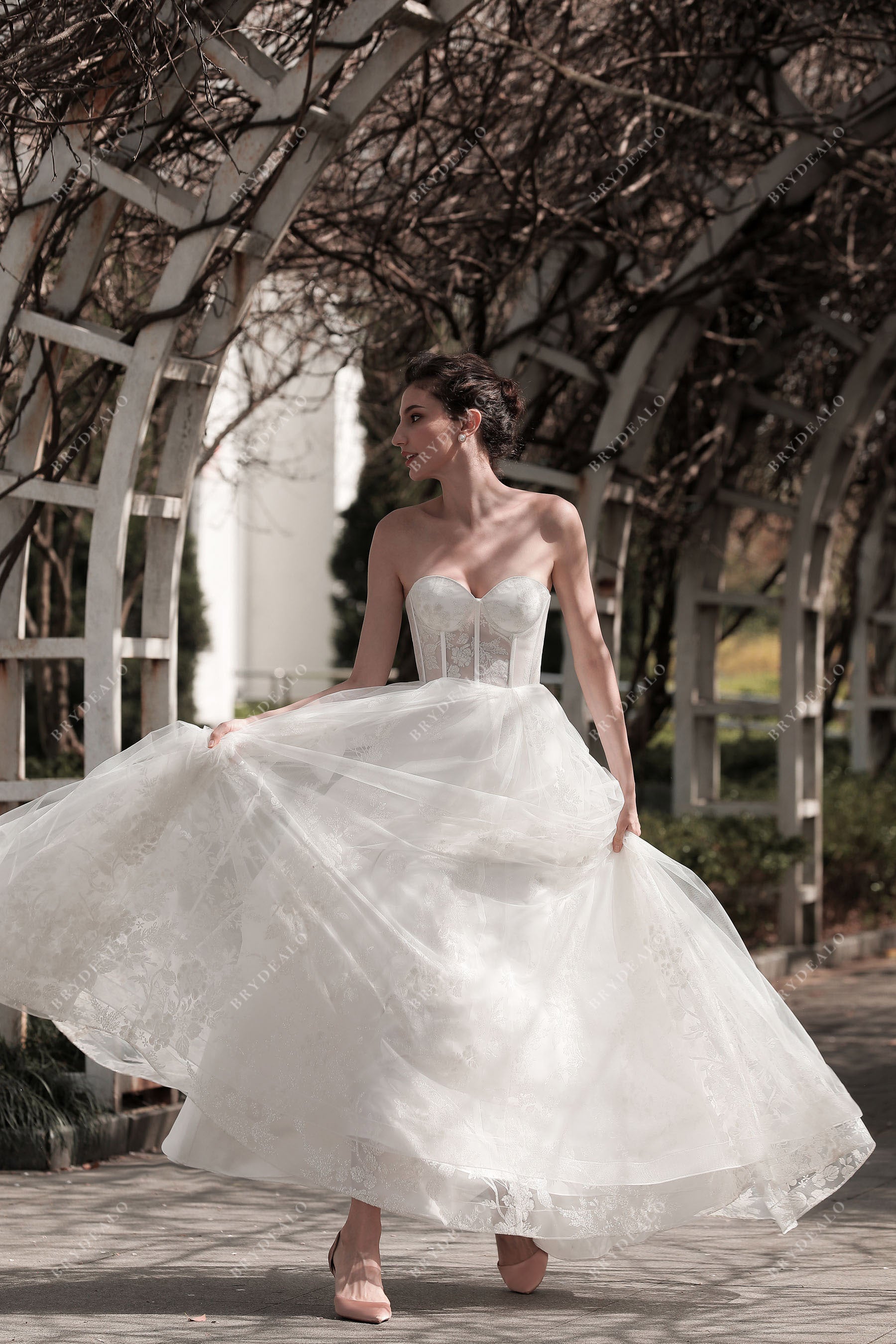Sheer Corset Lace Ivory Strapless Spring Wedding Dress