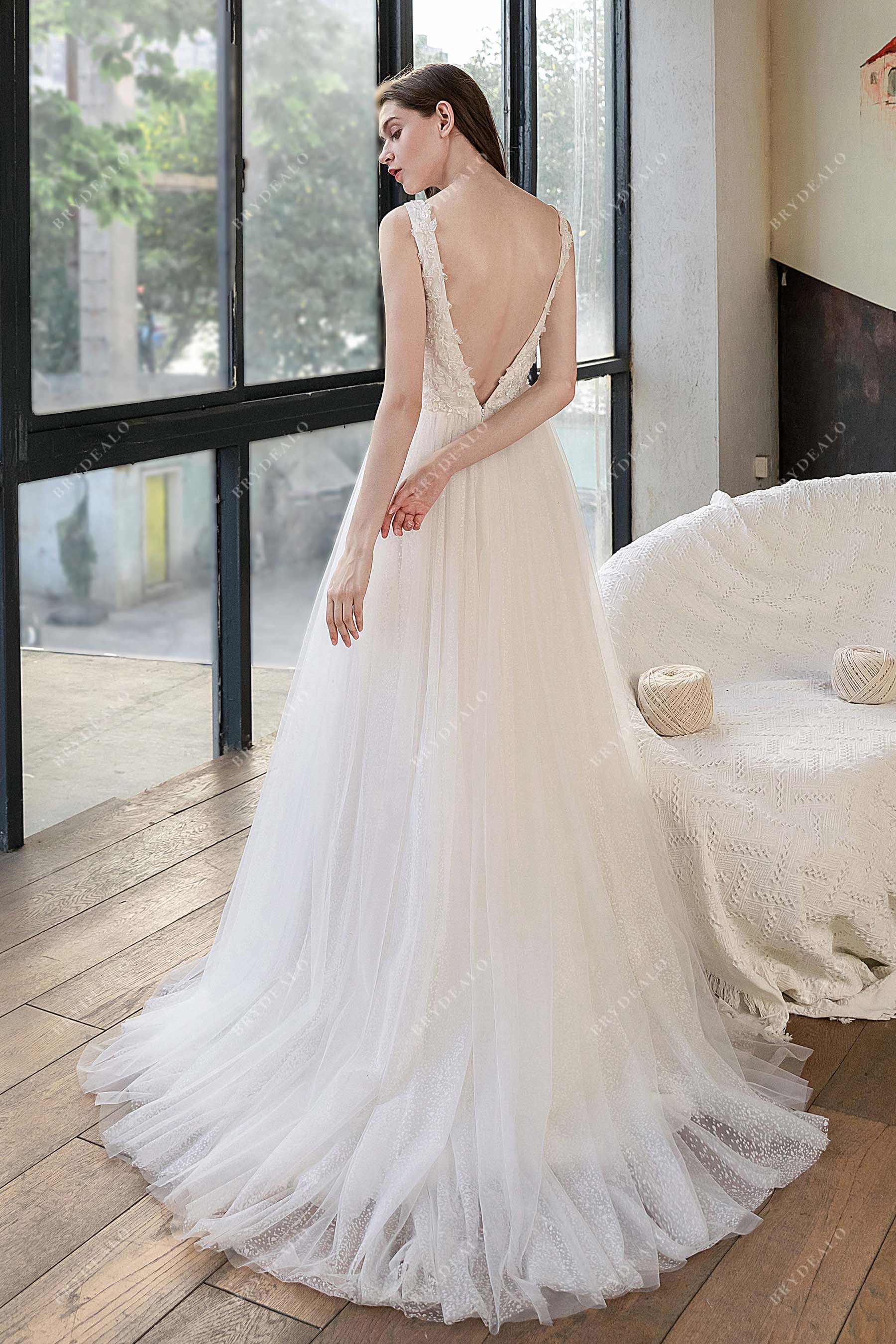 short train tulle V-back destination lace bridal gown