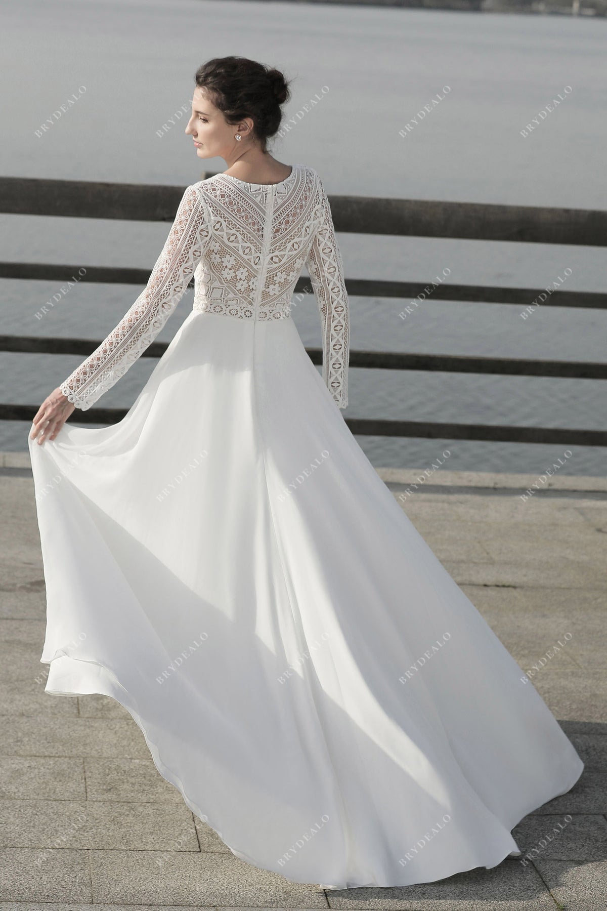 Sleek ALine Wedding Dress Geometric Lace, Illusion Sleeves Brydealo