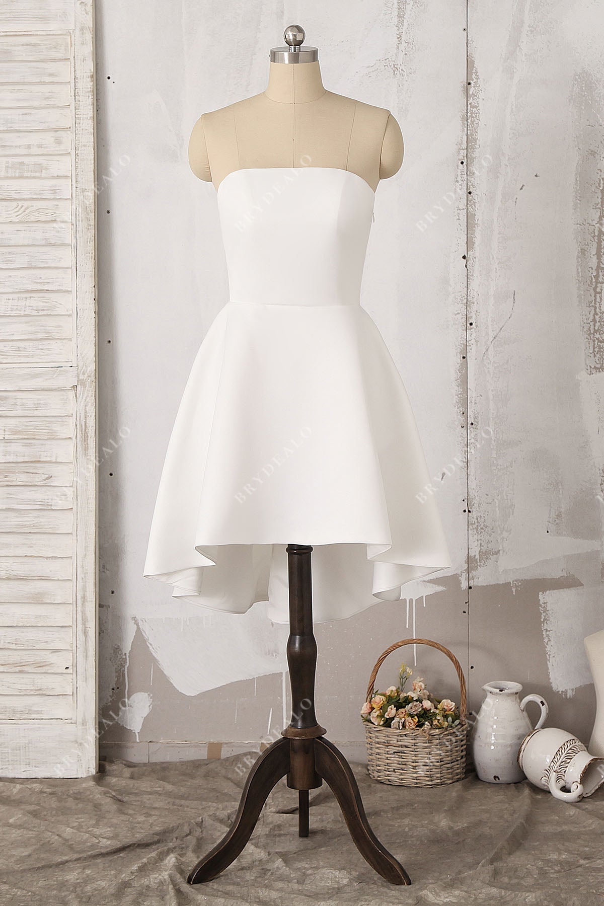 strapless straight neckline short hi-lo bridal shower dress