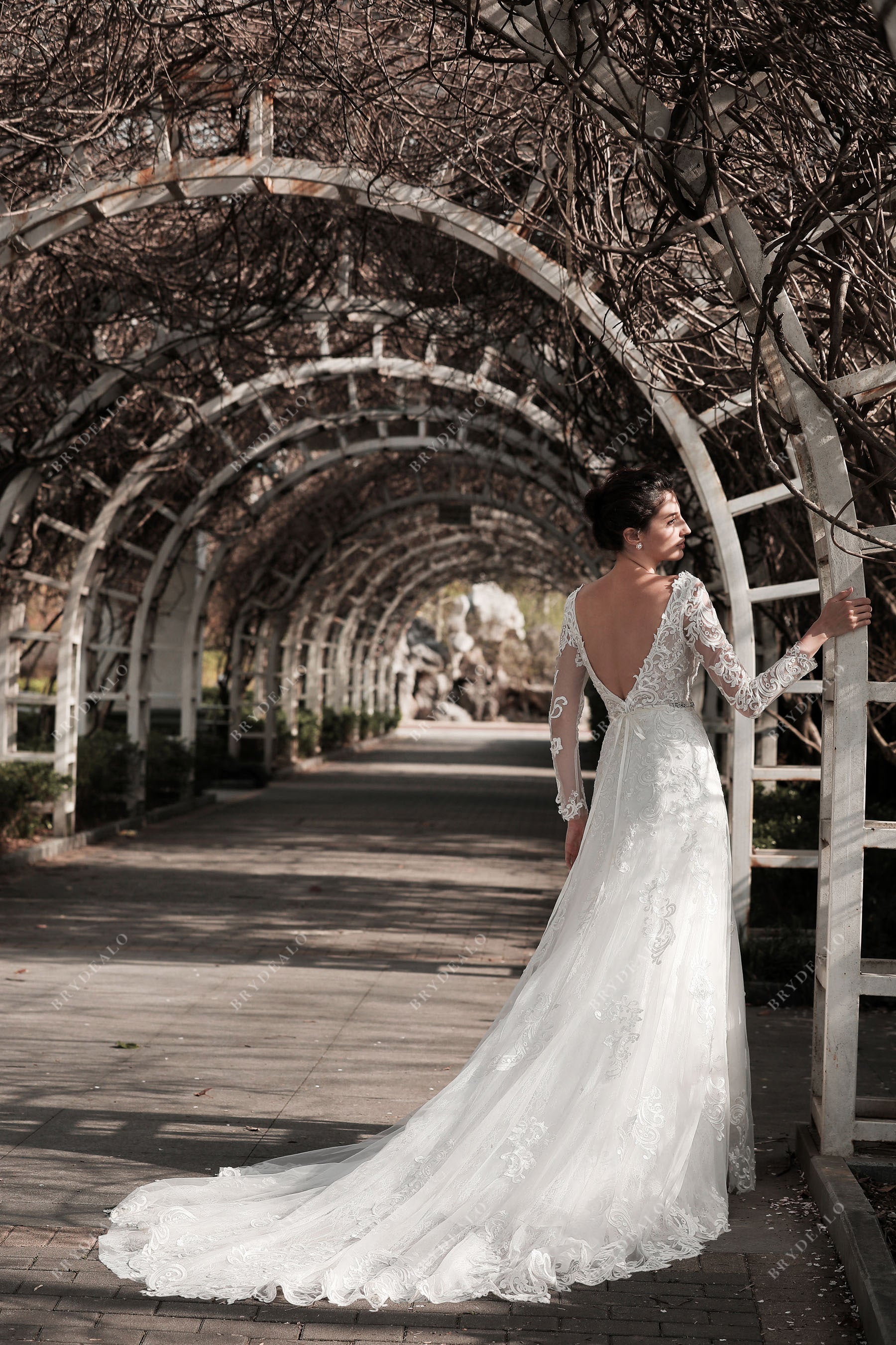 open V-back outside long train wedding gown