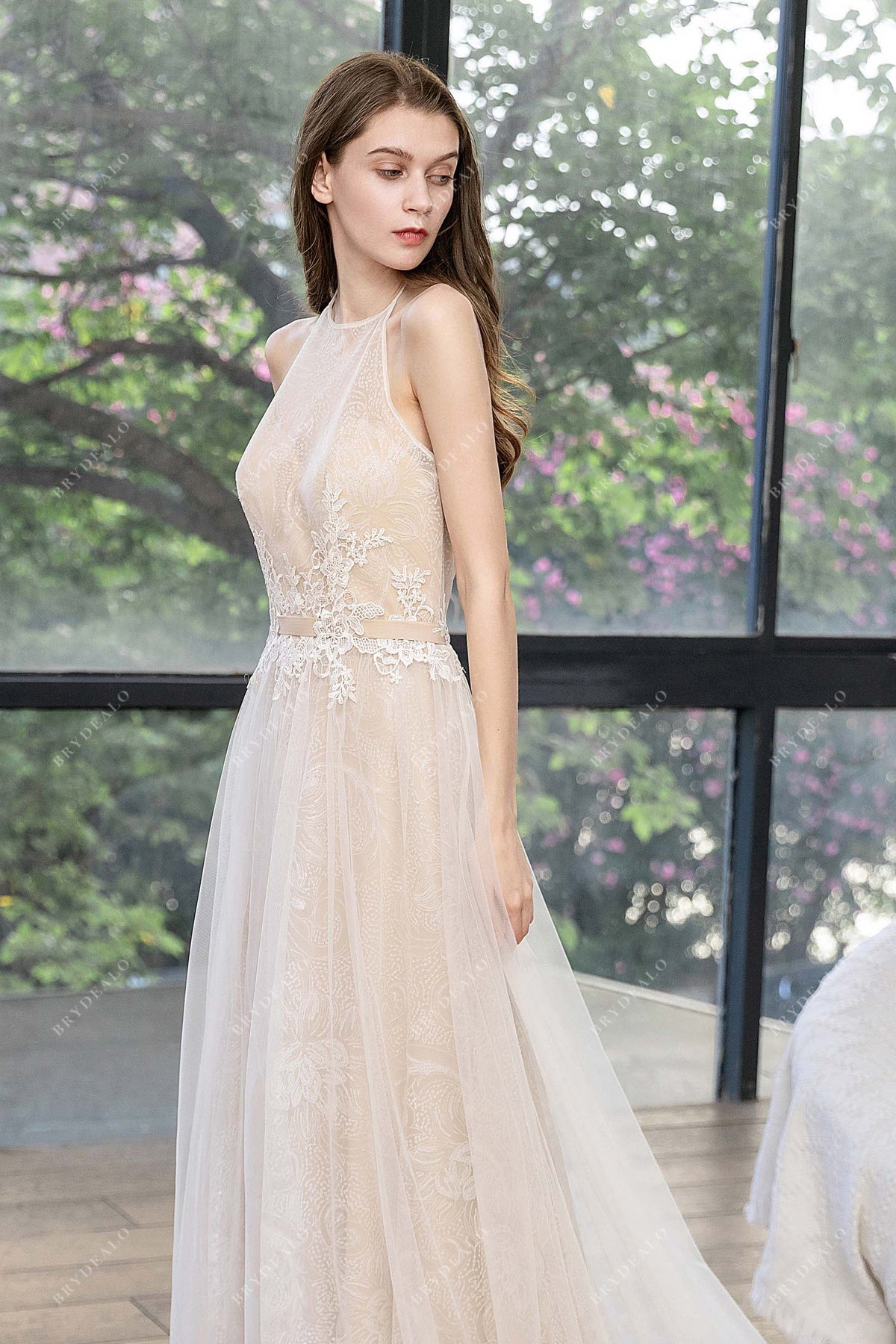 Halter Neck Lace Designer Beach Wedding Dress – Brydealo
