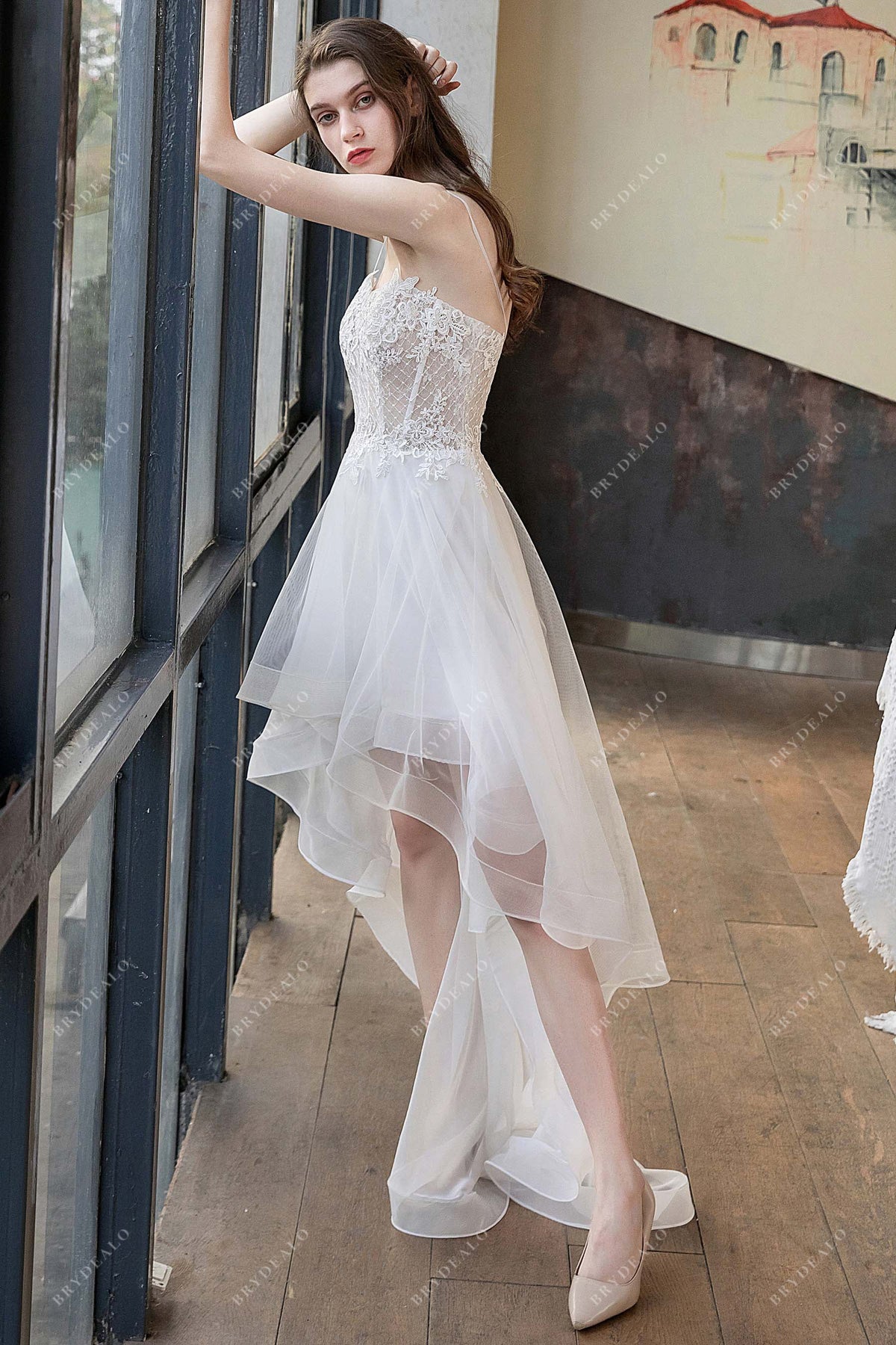 Tea Length High Low Bridal Dress Stacees Wedding Dress A-Line V Neck Half Sleeve Tea- Tea Length High Low Bridal Dress Stacees Wedding Dress A-Line V Neck Half Sleeve Tea-