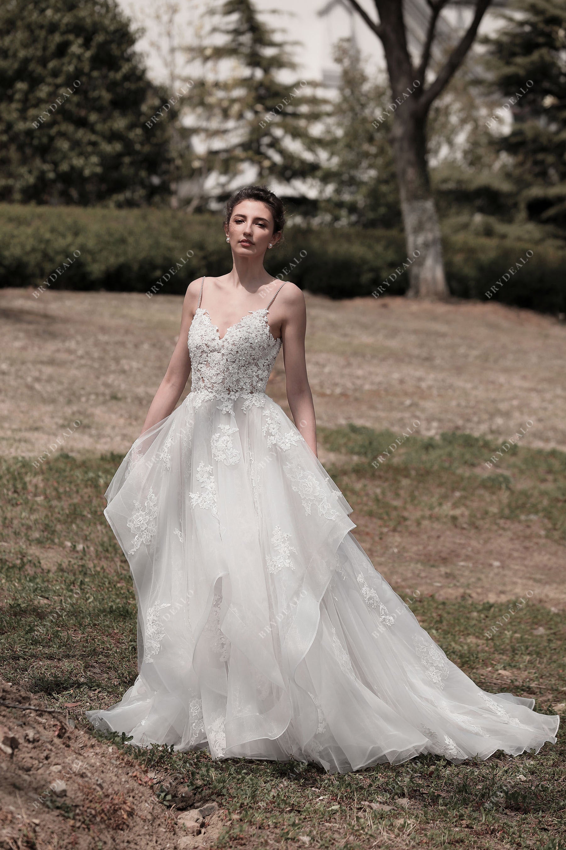 Spaghetti Strap  Lace Ball Gown Ruffled Tulle Bridal Dress
