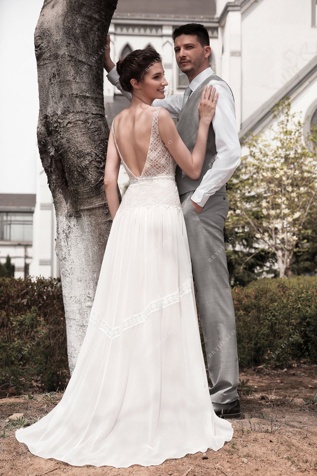 Sexy Lace Plunging Neckline Bohemian Wedding Dress – Brydealo