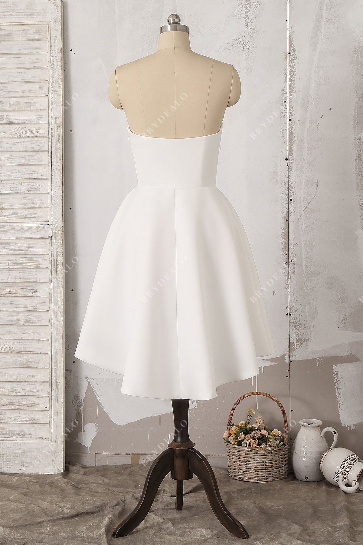 strapless open back satin short brida dress