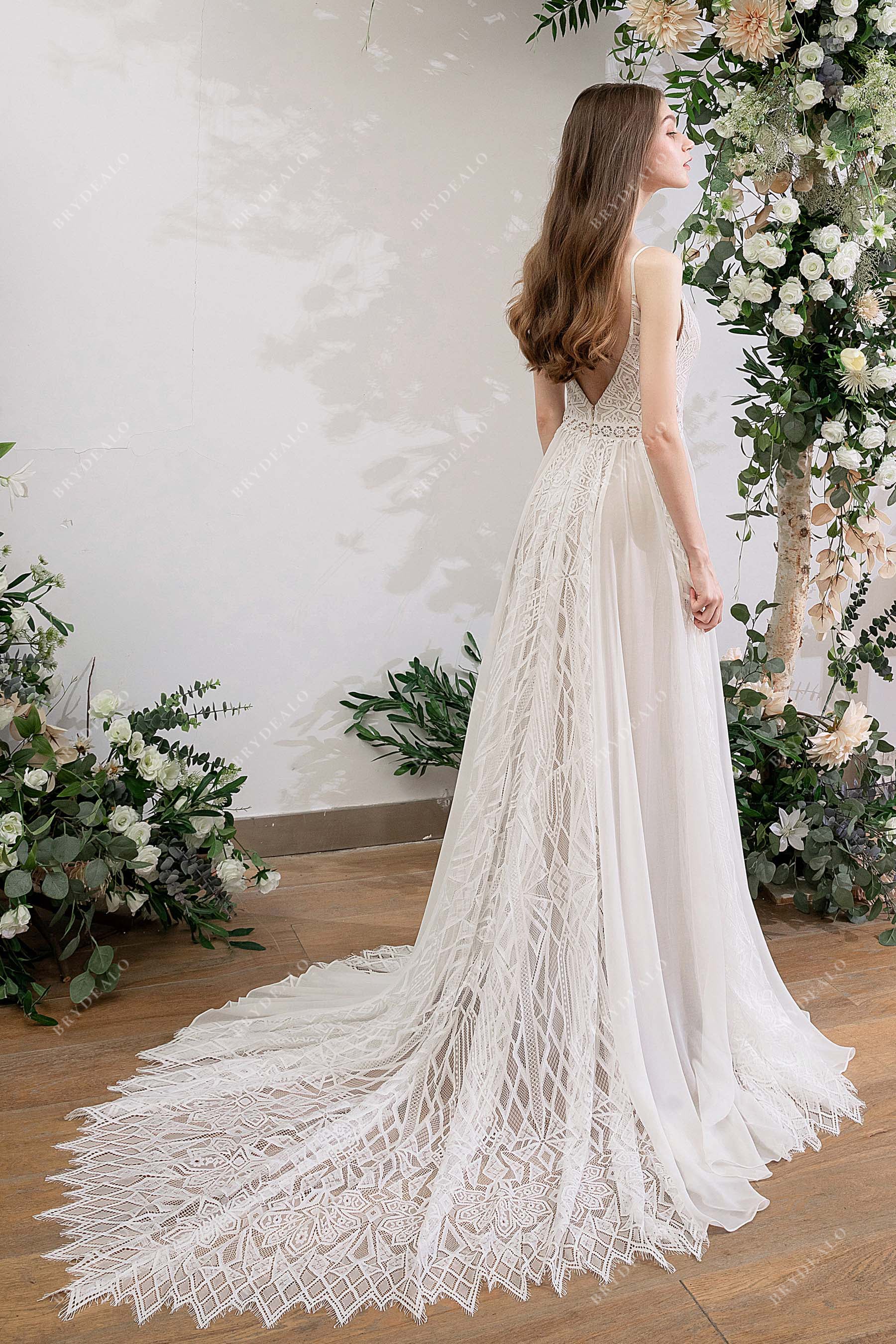 V-back Chapel Train lace chiffon summer bridal dress
