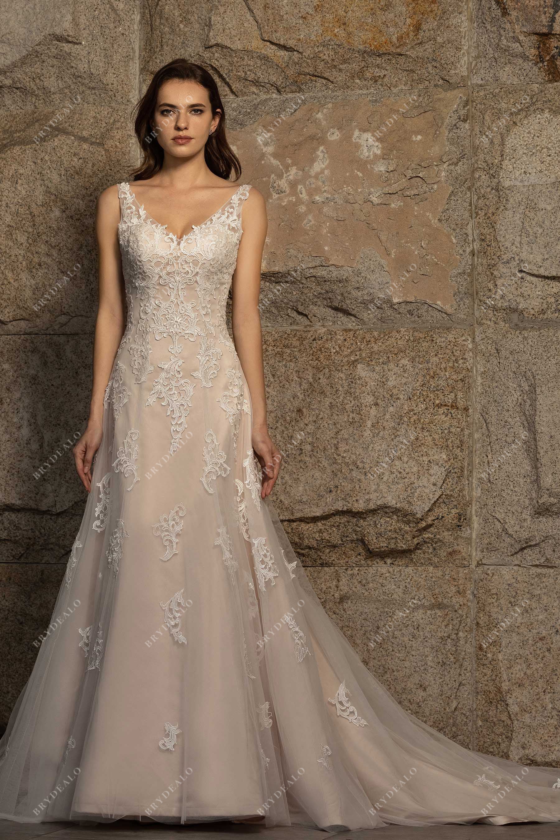 Nude Pink Sleeveless Fit & Flare Demure Lace  Bridal Gown