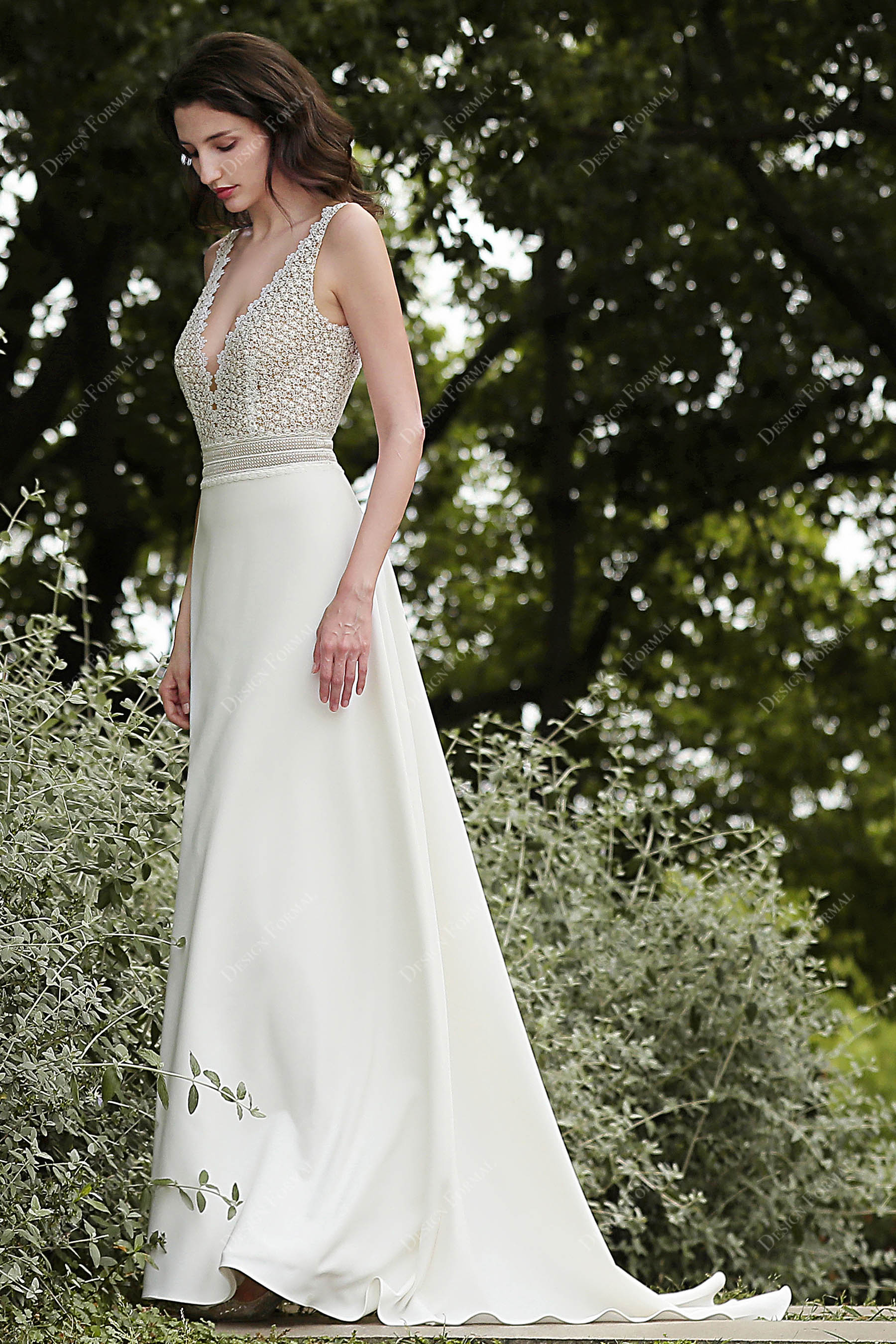 V-neck Lace Crepe Wedding Dress