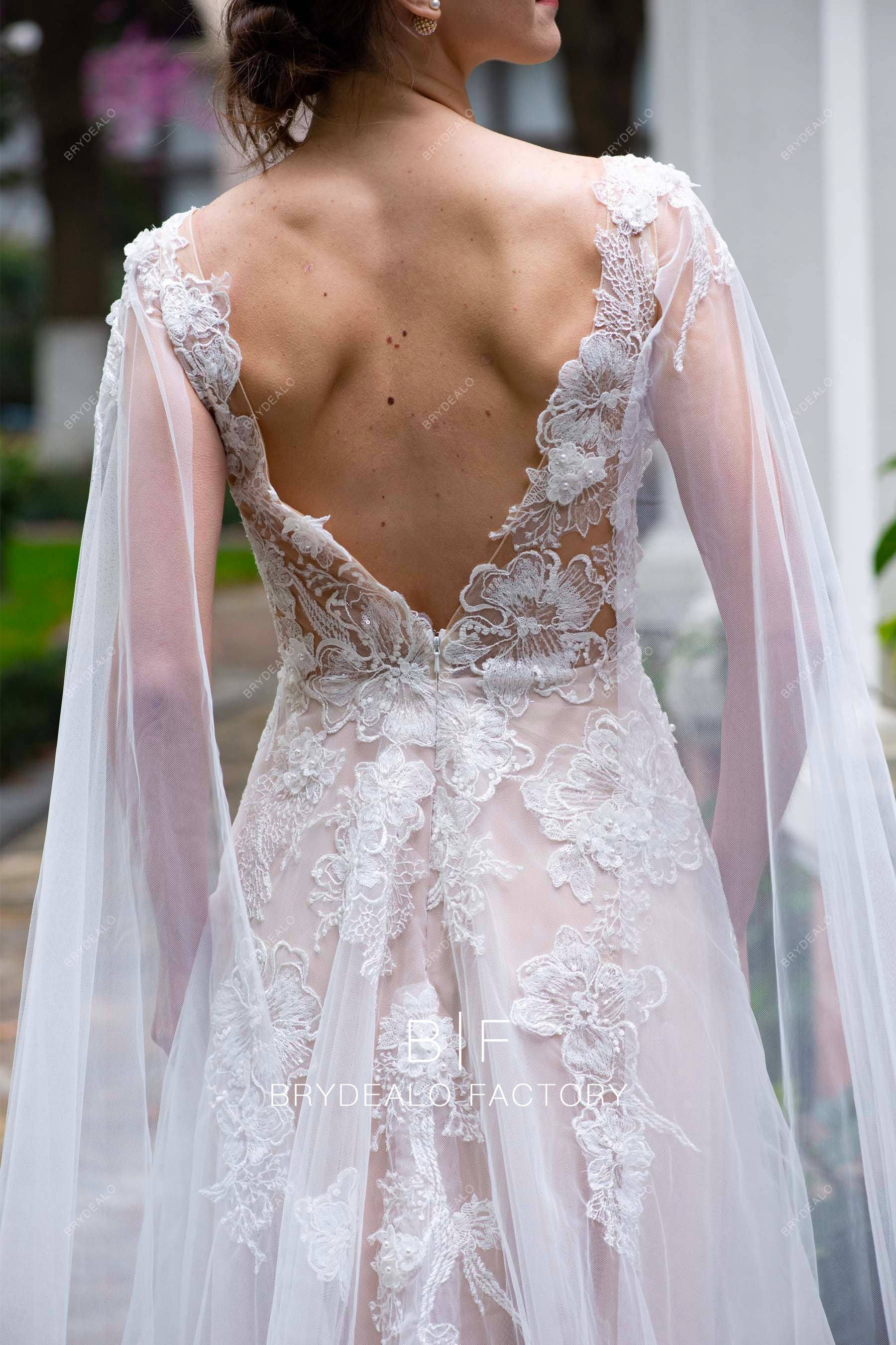 alluring v-back lace shoulder veil wedding dress