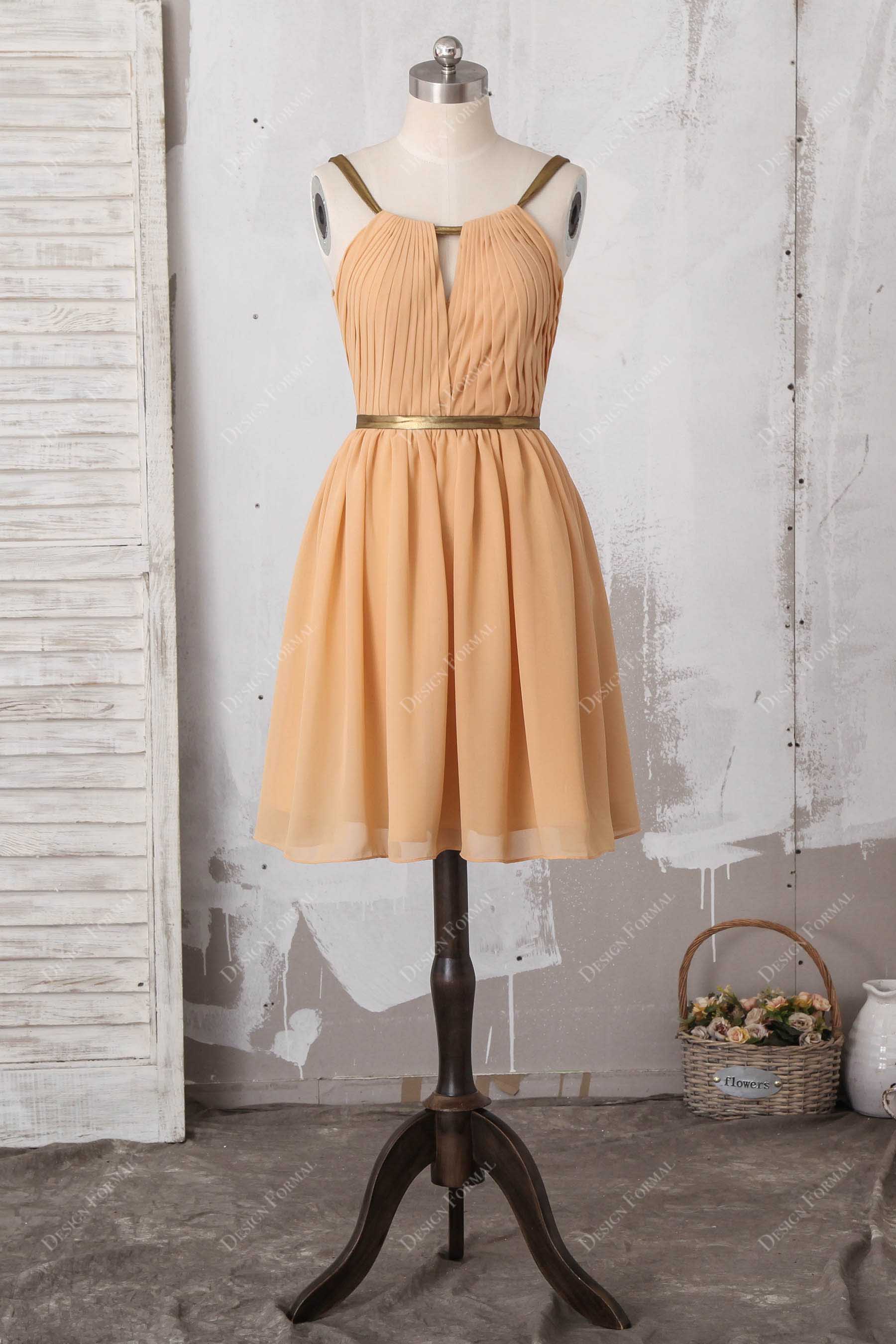 Apricot chiffon knee length bridesmaid dress