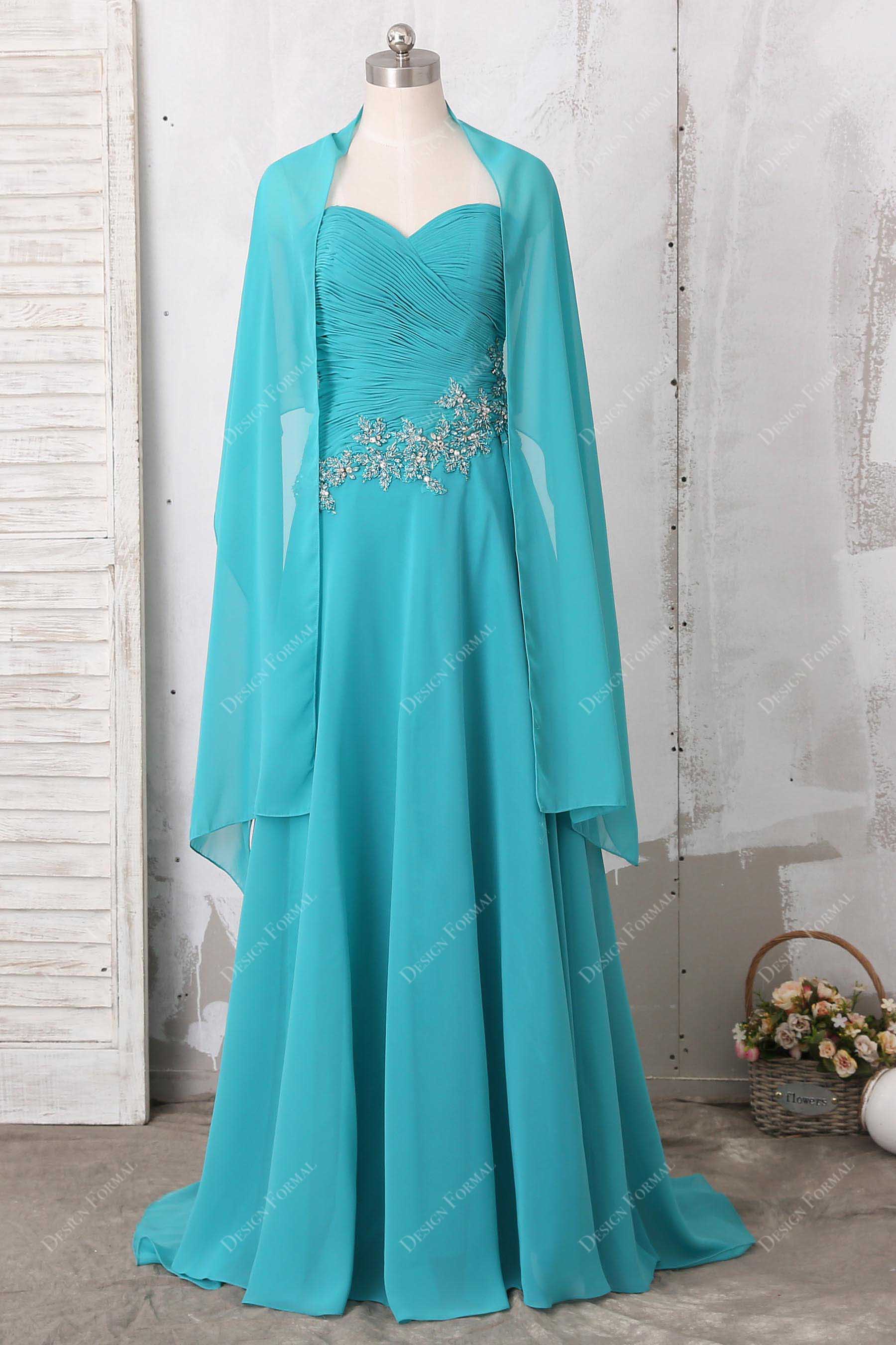Aqua chiffon ruched sweetheart bridesmaid dress with cape