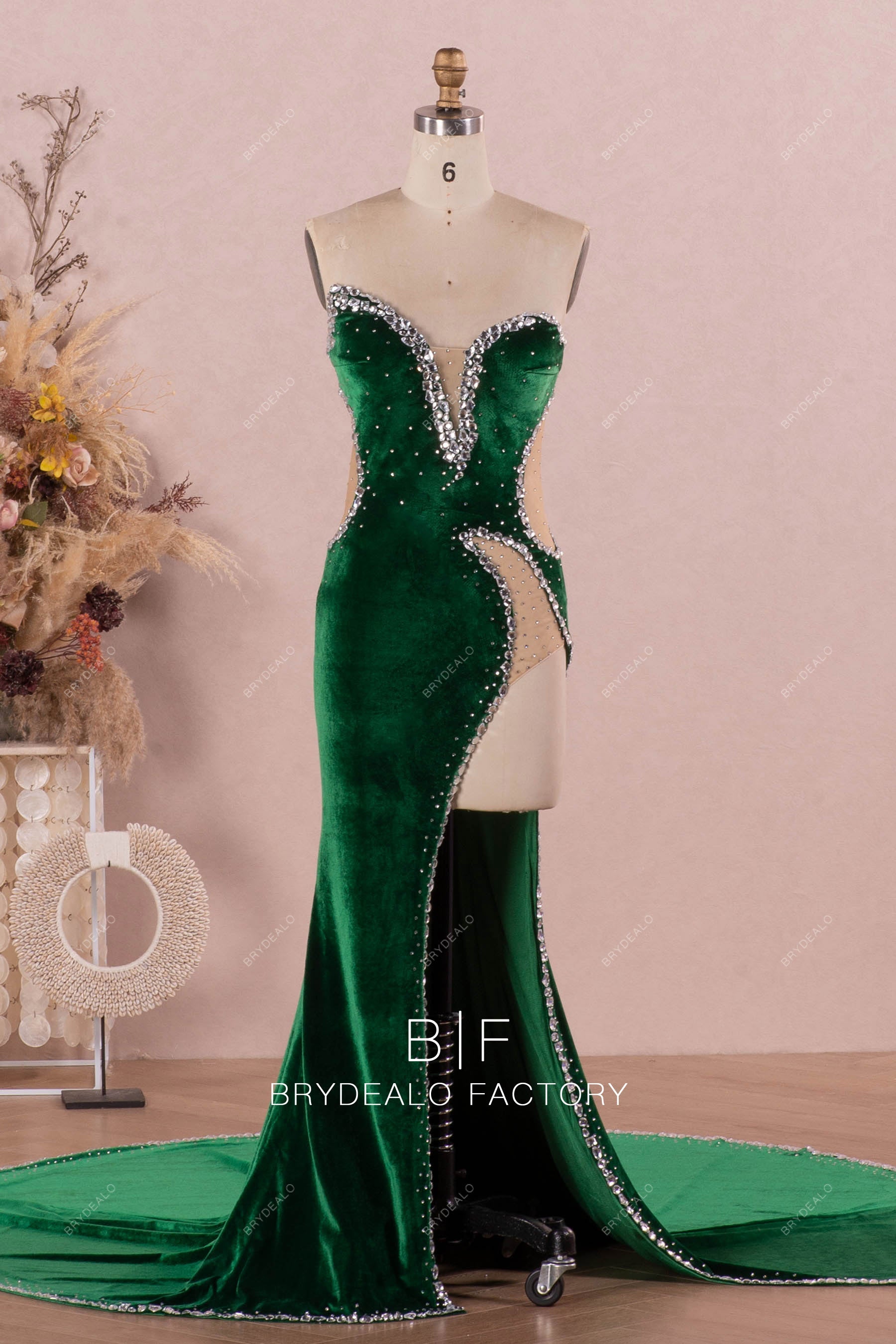 asymmetric neck emerald slit mermaid prom dress