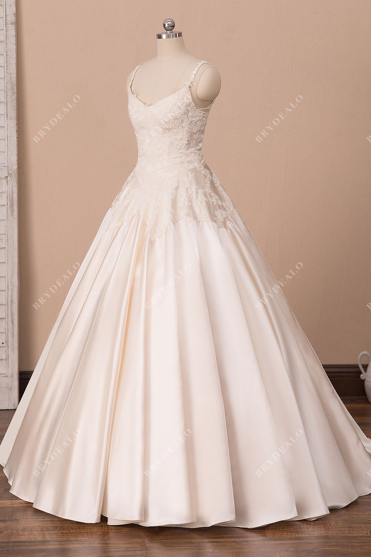 Retro Light Champagne Floor Length Lace Satin Bridal Ball Gown Brydealo Retro Light Champagne Floor Length Lace Satin Bridal Ball Gown Brydealo