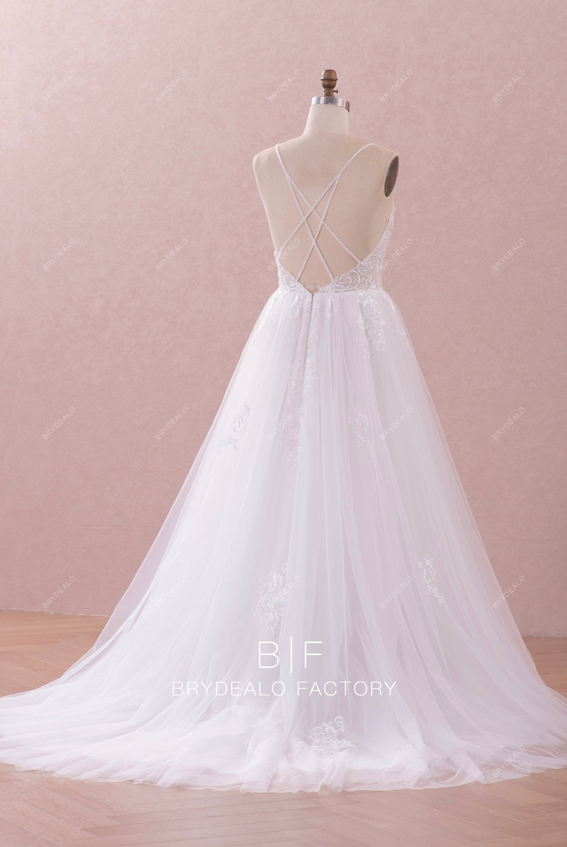 beaded criss-cross back wedding dress