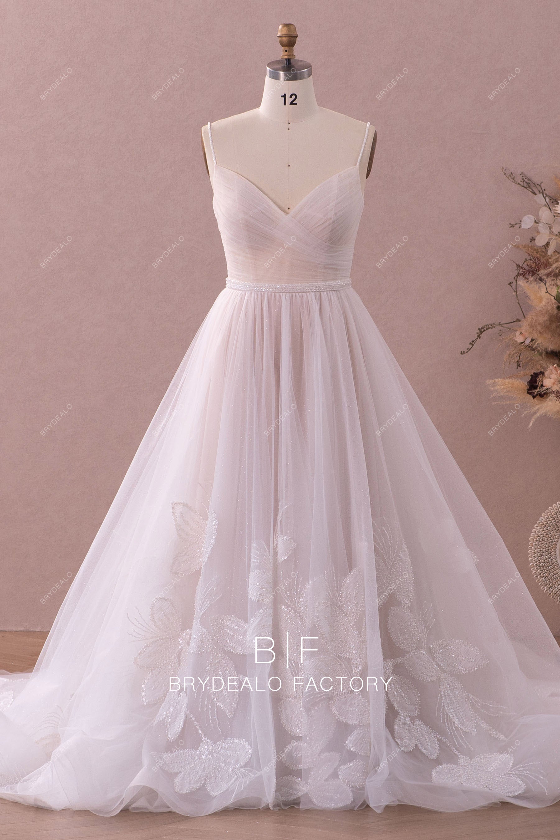 Beaded spaghetti straps boho  lace wedding dress