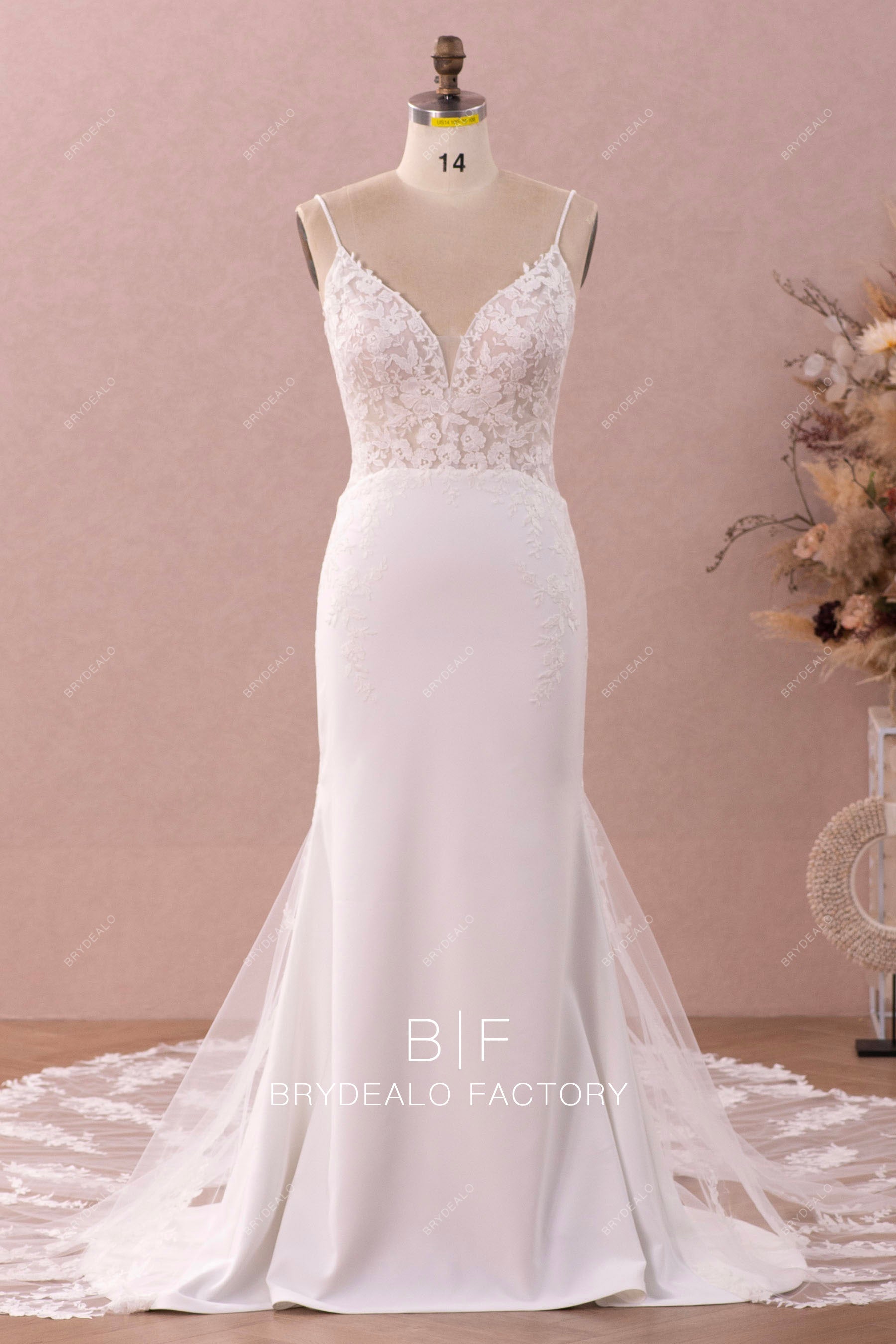 beaded spaghetti straps lace crepe wedding dress