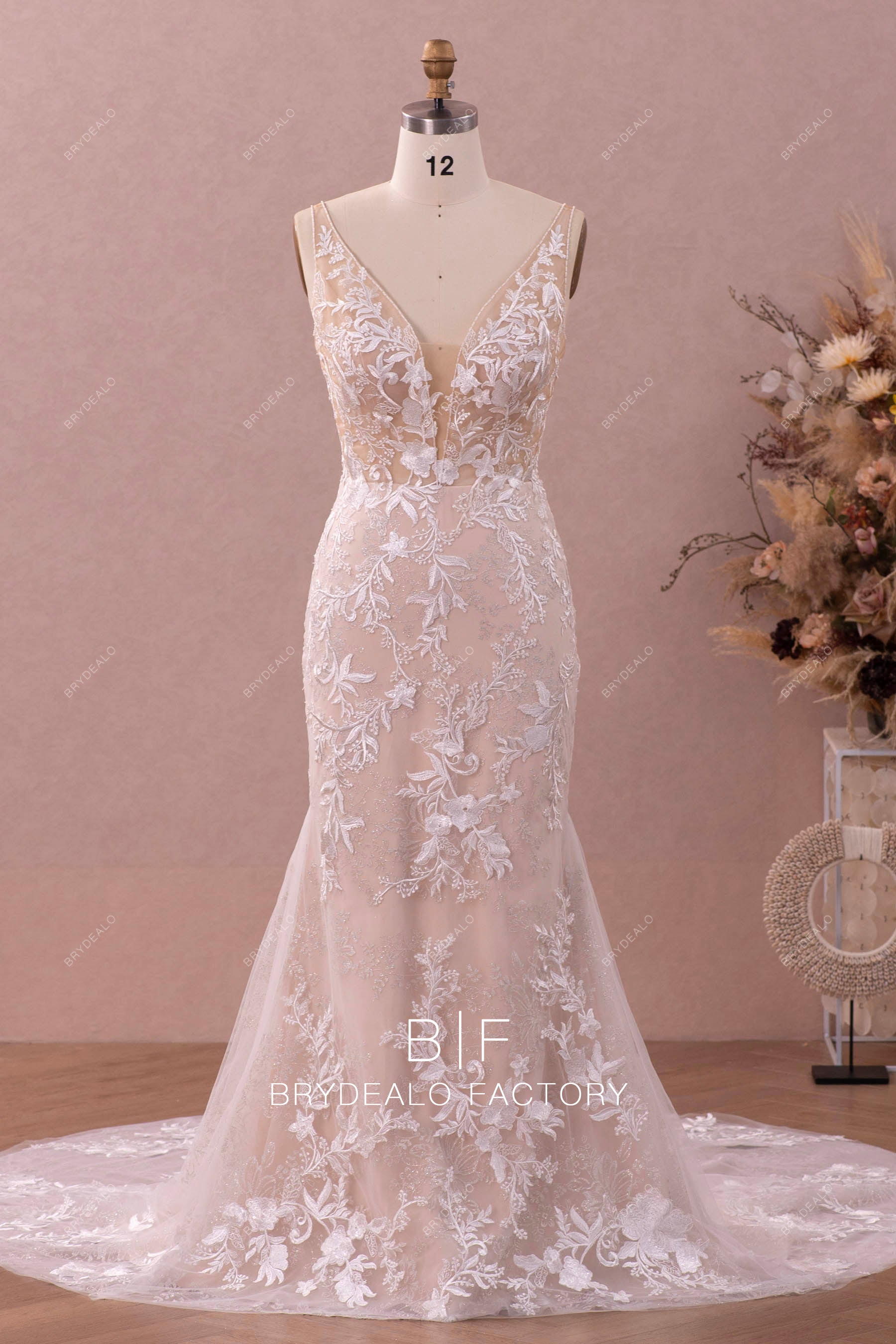 sleeveless straps plunging lace mermaid wedding dress