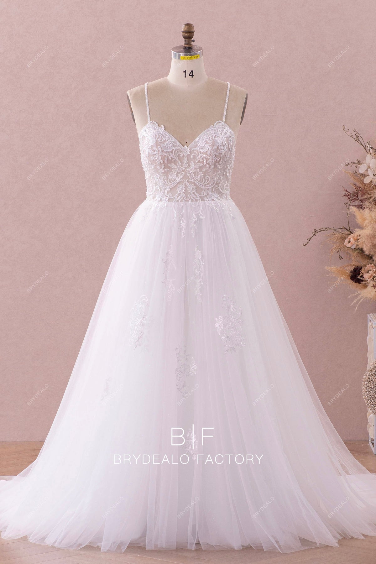 Whimsical Timeless Wedding Dress with Beaded Spaghetti Straps – Brydealo