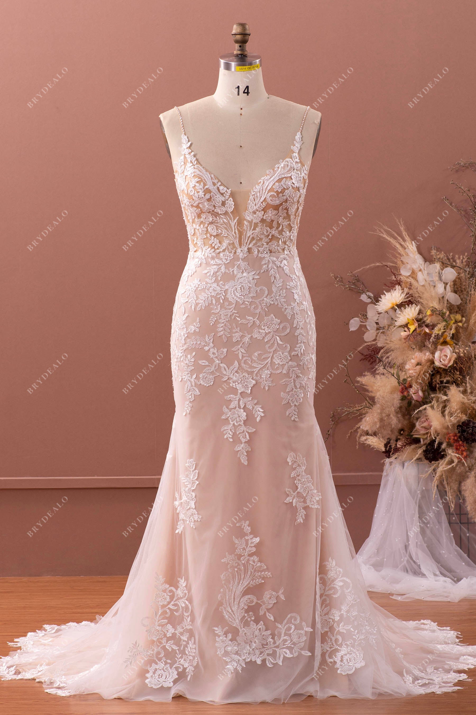 Spaghetti straps V-neck lace mermaid wedding dress
