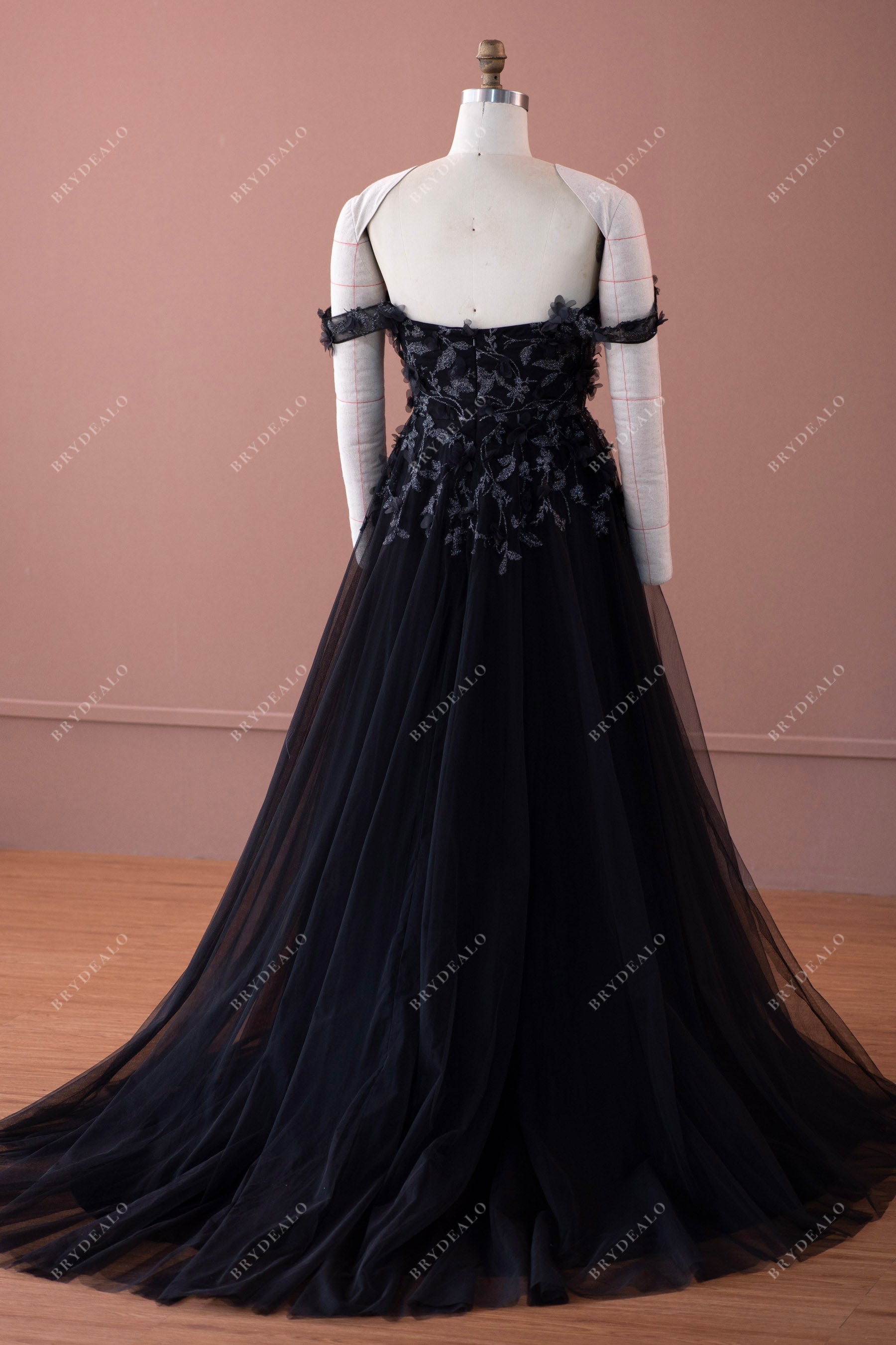 Open back flowers tulle A-line wedding dress
