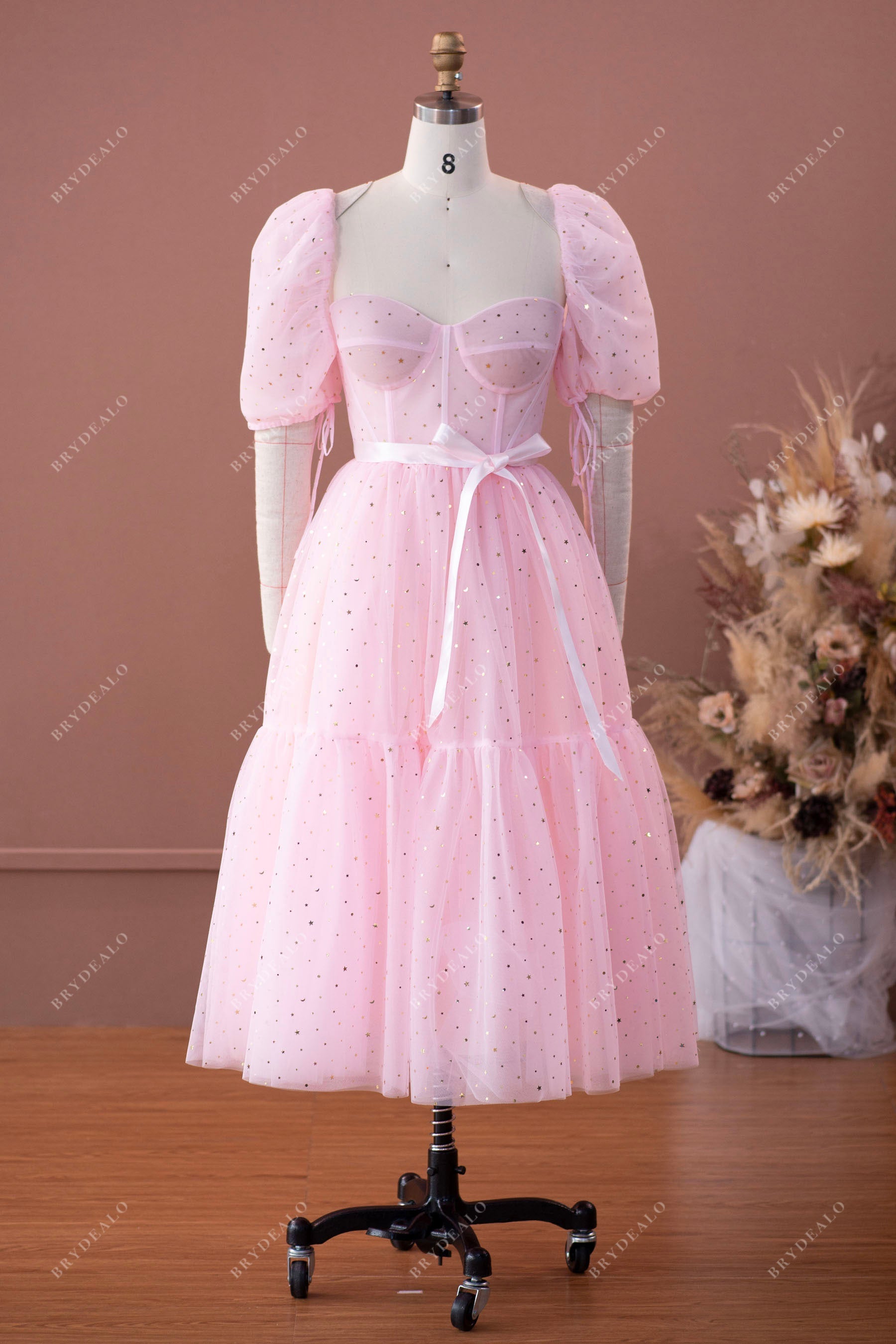 bubble sleeves corset tea length homcoming dress