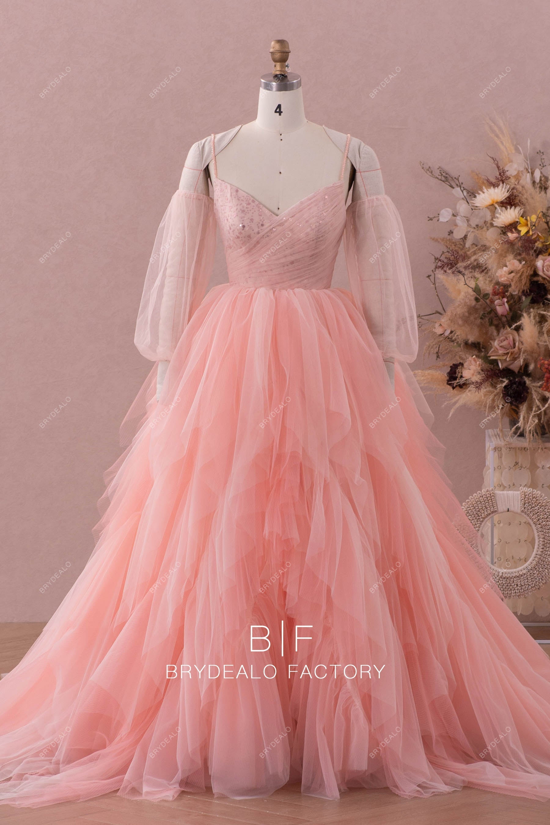 spaghetti straps bubble sleeves ruffled tulle wedding dress