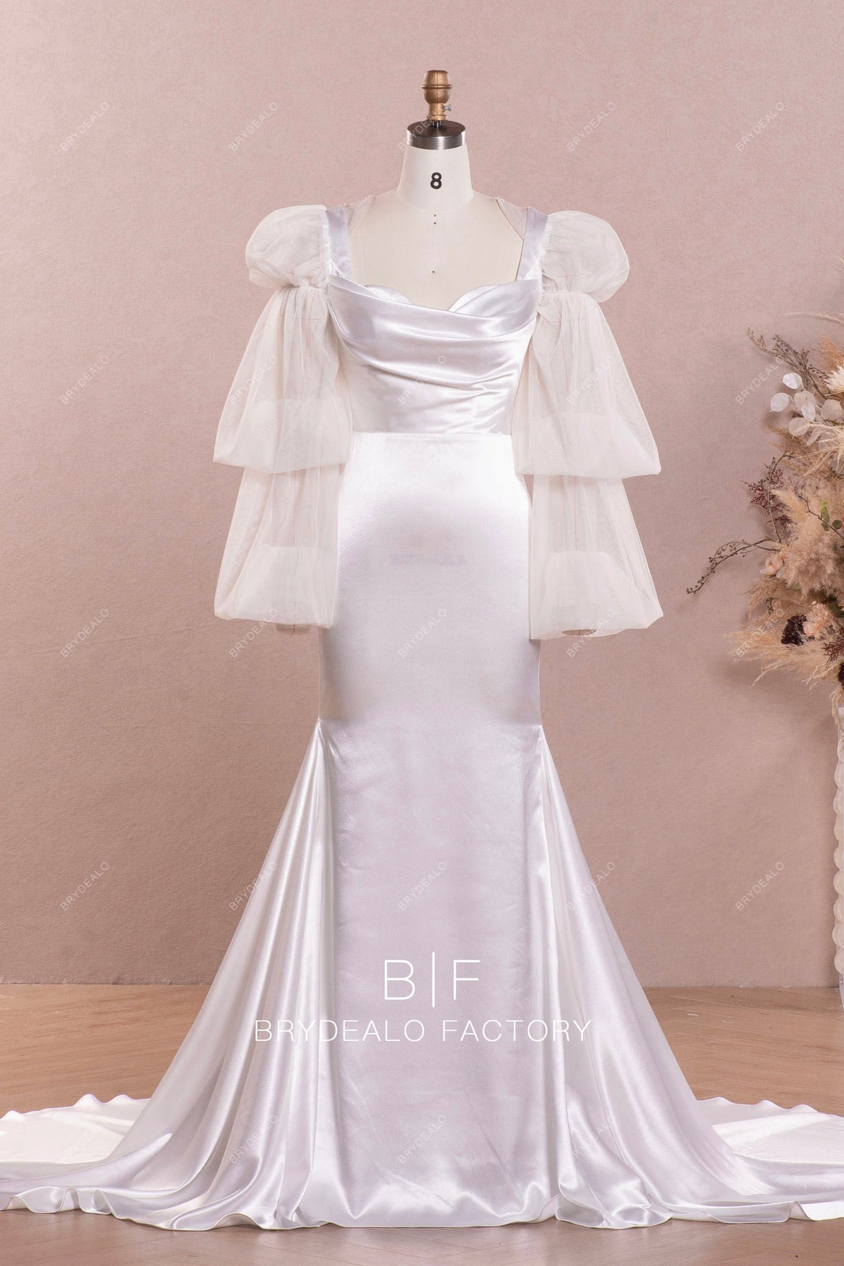 Illusion Bubble Sleeve Satin Designed Mermaid Wedding Dress – Brydealo