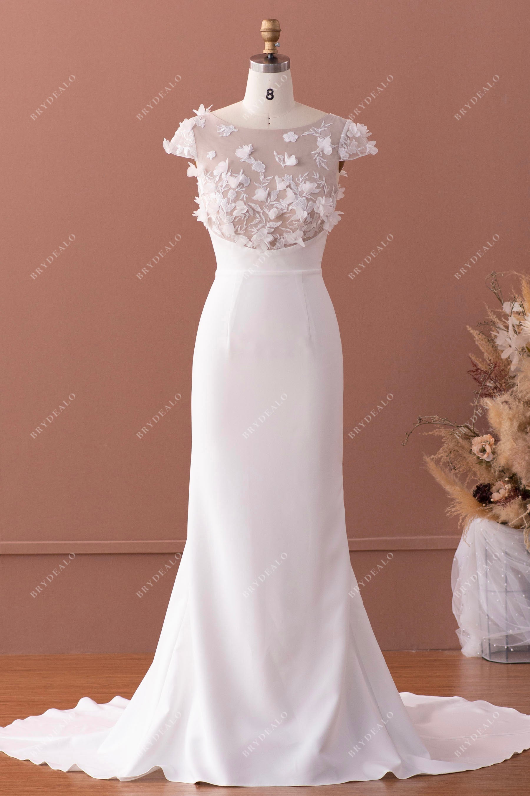 Cap sleeve 3D flower lace crepe mermaid wedding dress
