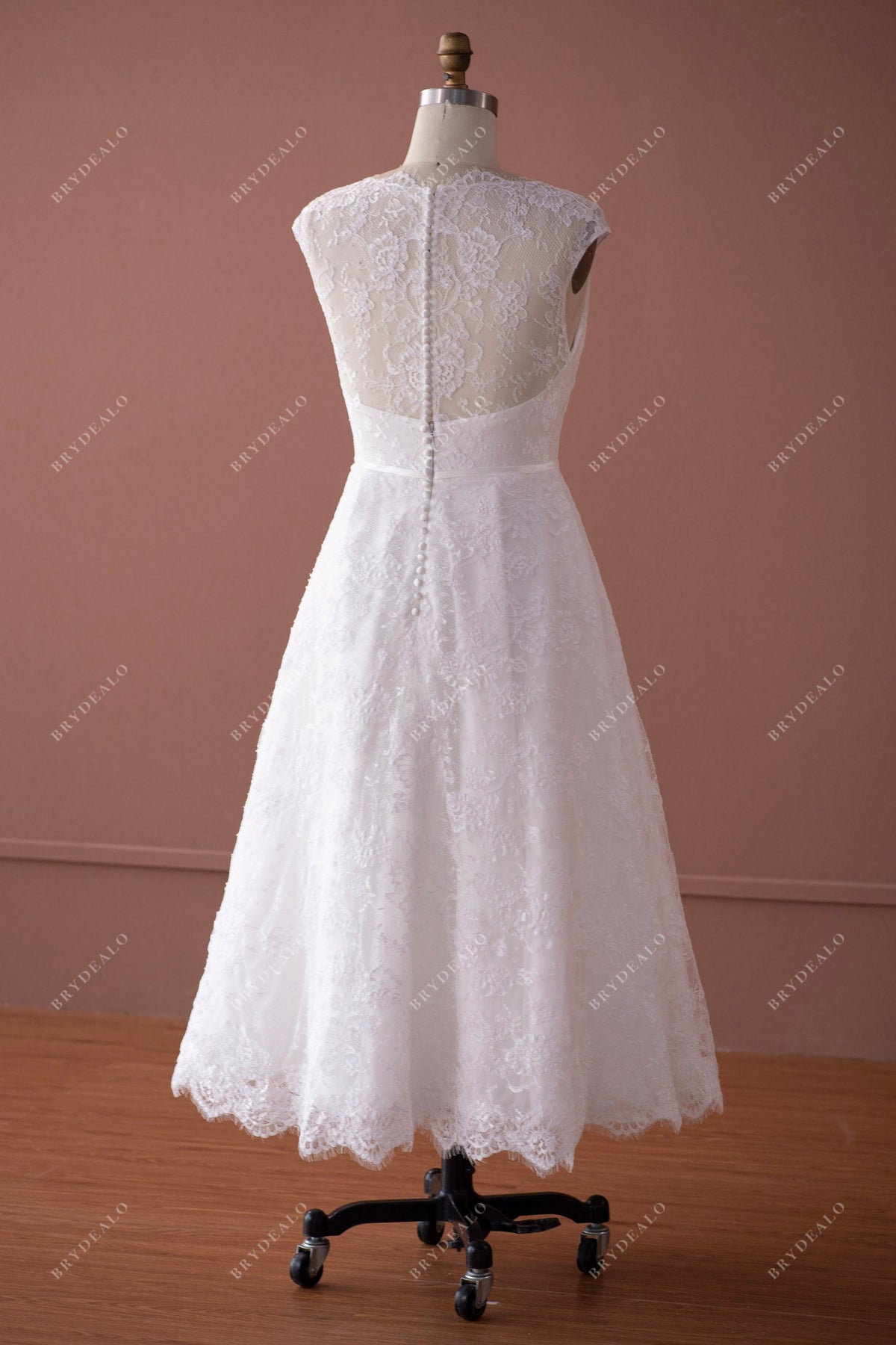 Vintage Lace Tea-Length Wedding Dress: Cap Sleeves, Illusion Back – Brydealo