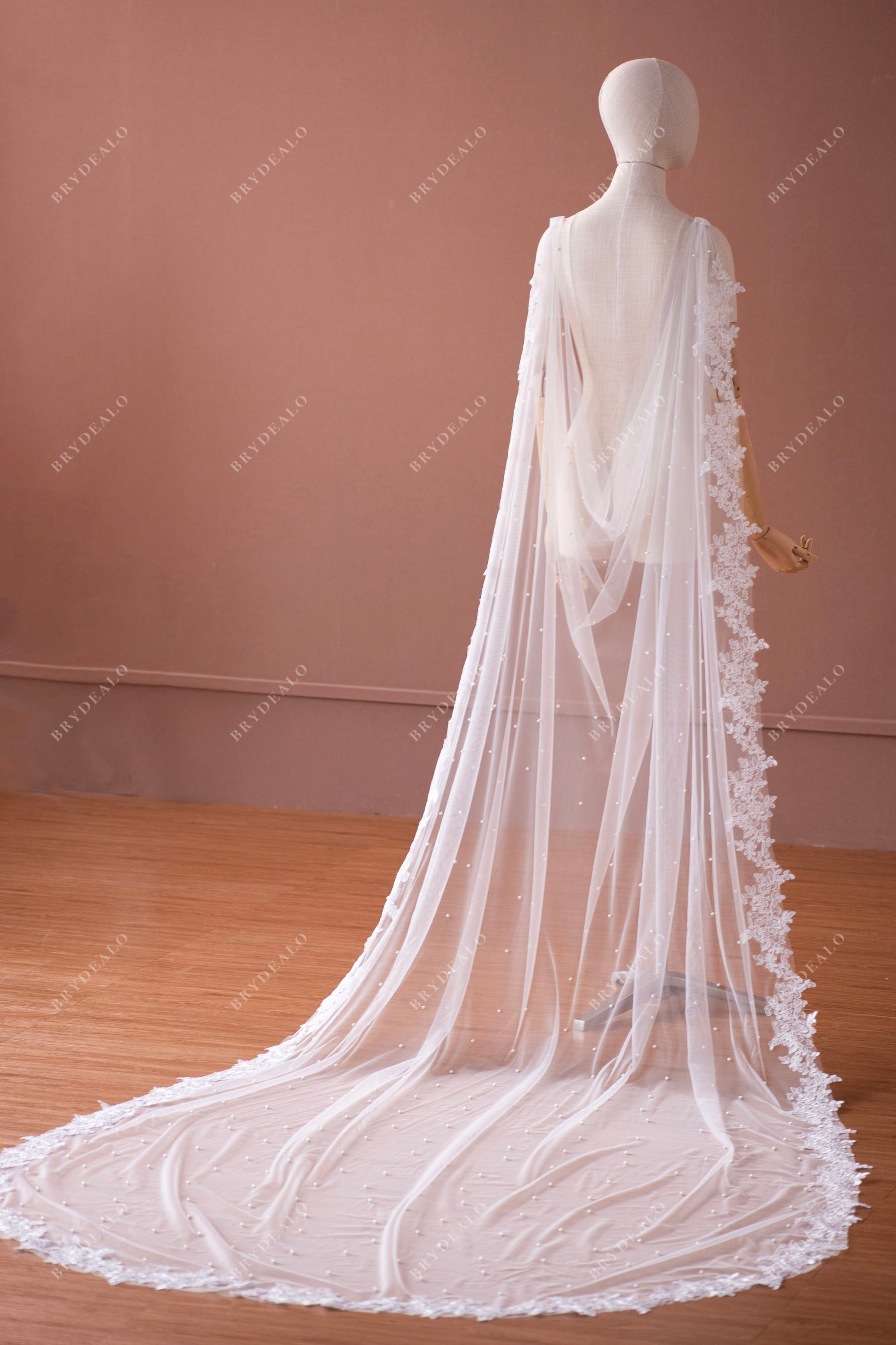 Saggy chapel length pearl lace bridal cape