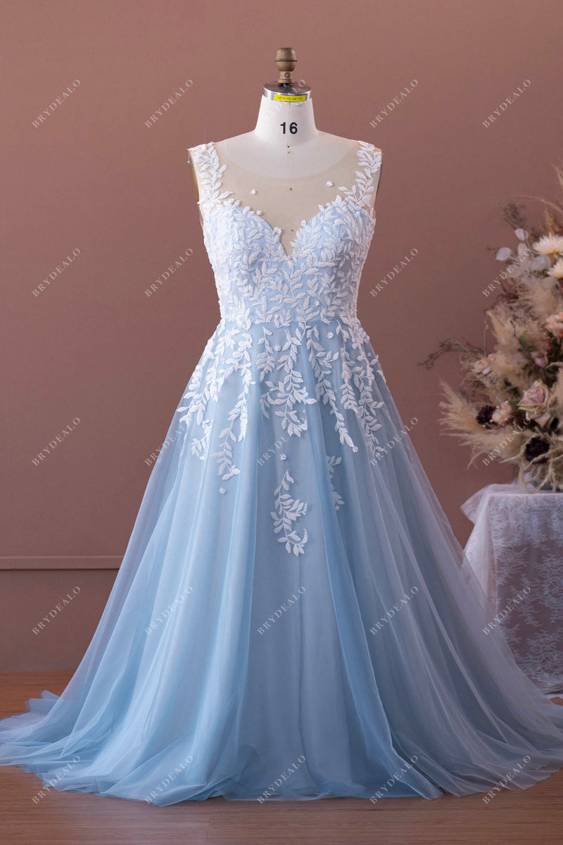 Plus Size Beaded Lace Blue Tulle Wedding Ball Gown