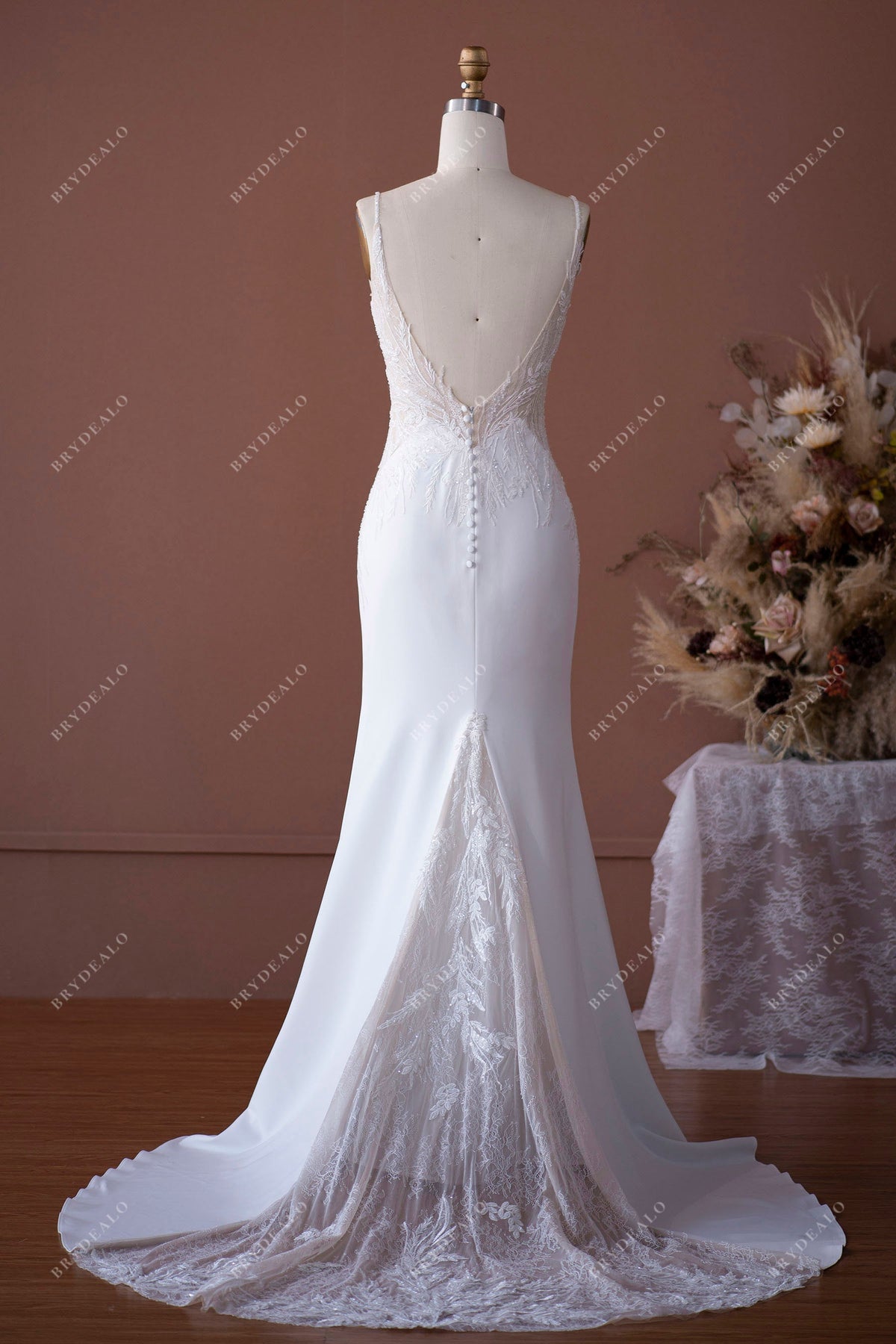 beaded crepe wedding dress Wild Lace Plunge Mermaid Halter Satin V-Neck, Leanna and flowing chapel train Color:Medium Grey party_wear_dresses