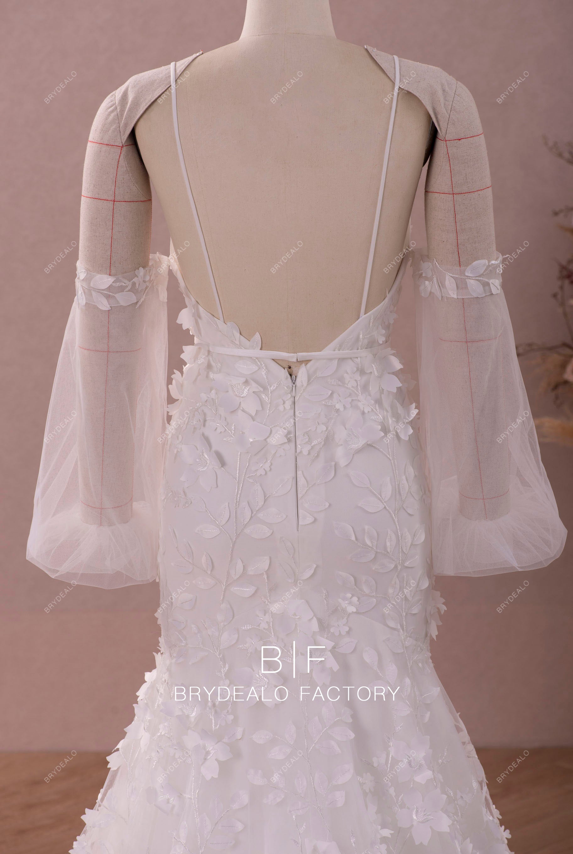 Detachable bubble sleeve open back thin straps bridal gown