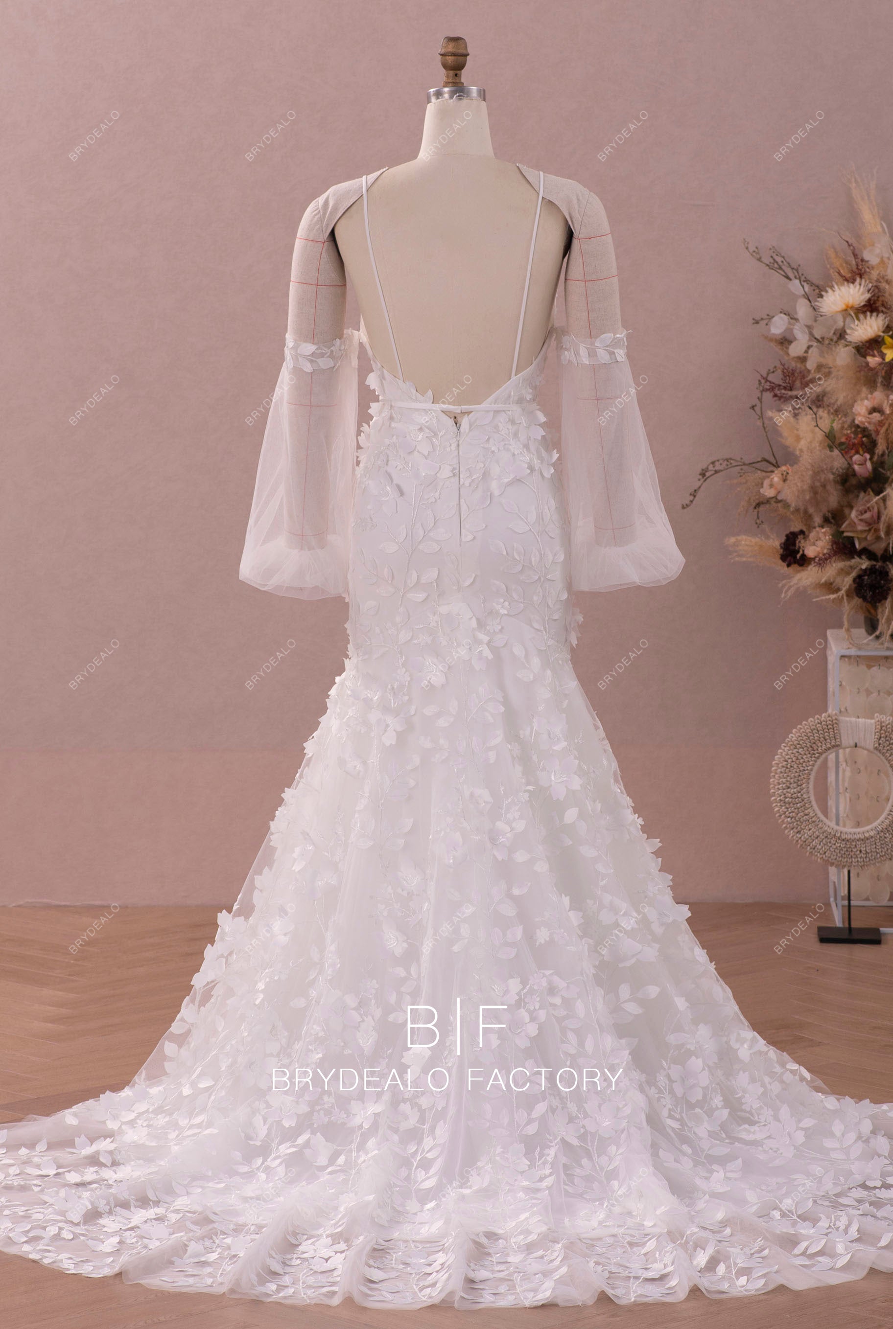 Open back spaghetti straps detachable sleeve chapel train bridal gown