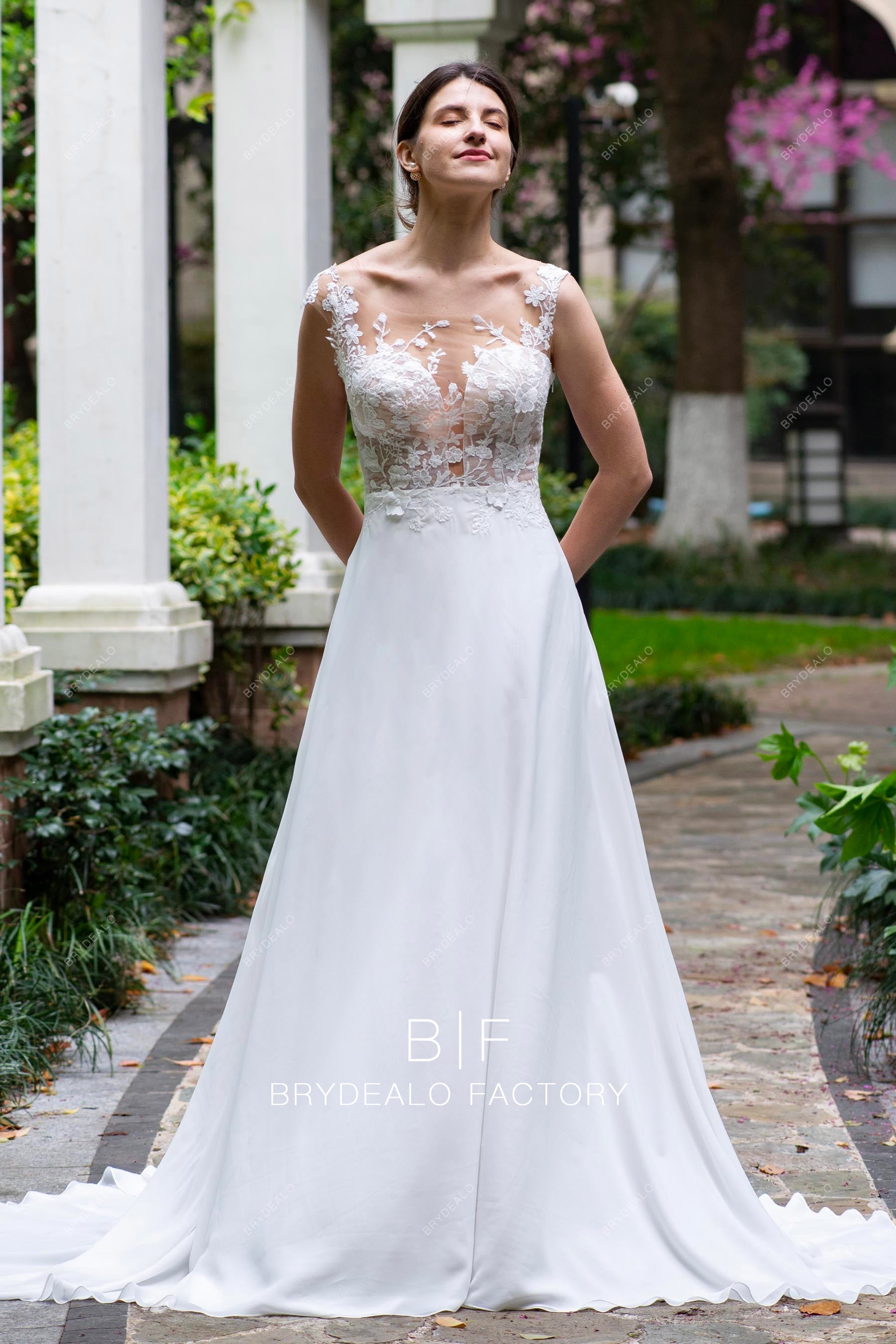 designer wild lace chiffon beach wedding dress