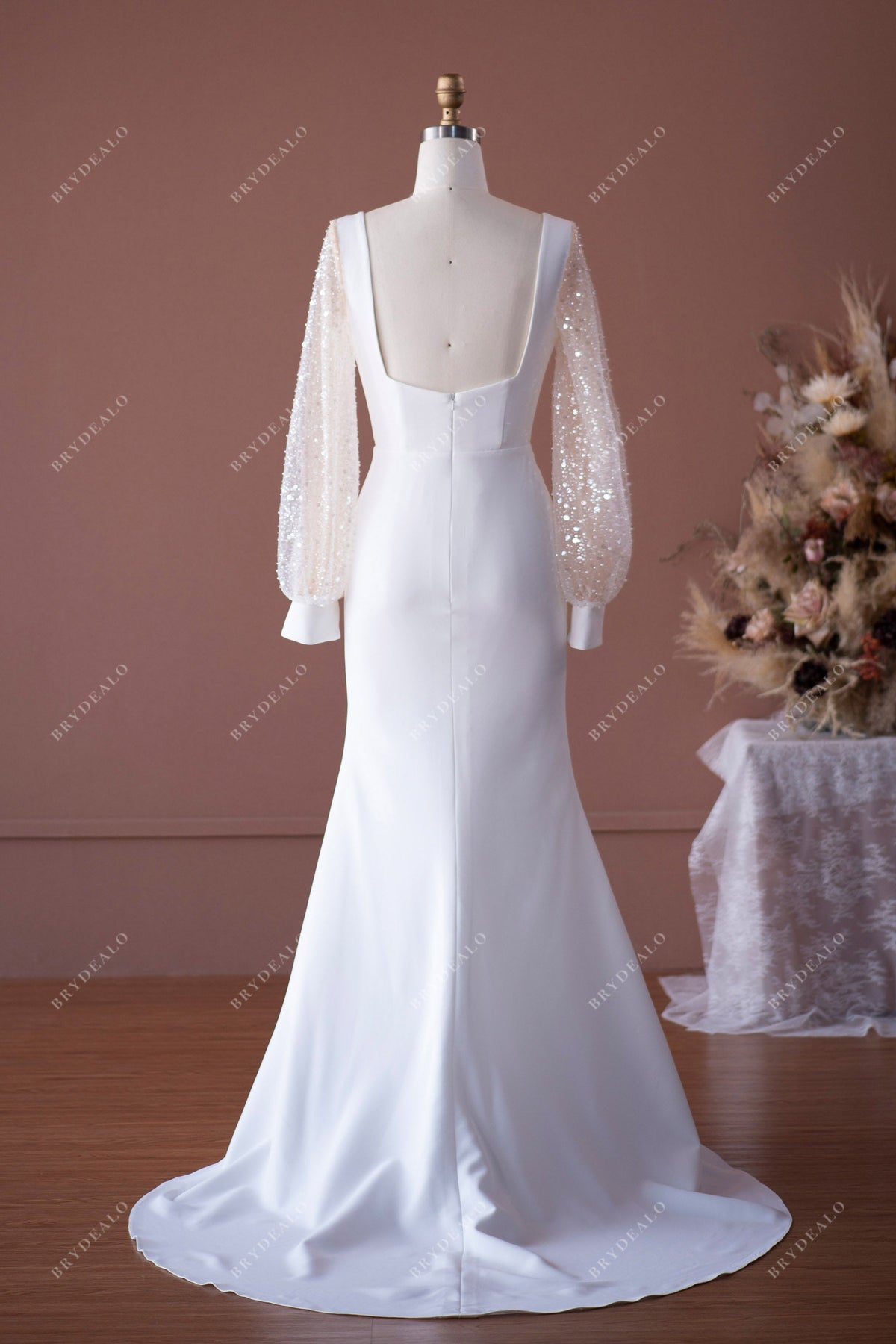 beaded crepe wedding dress Sexy Crepe Wedding Dress with Shaped Train
