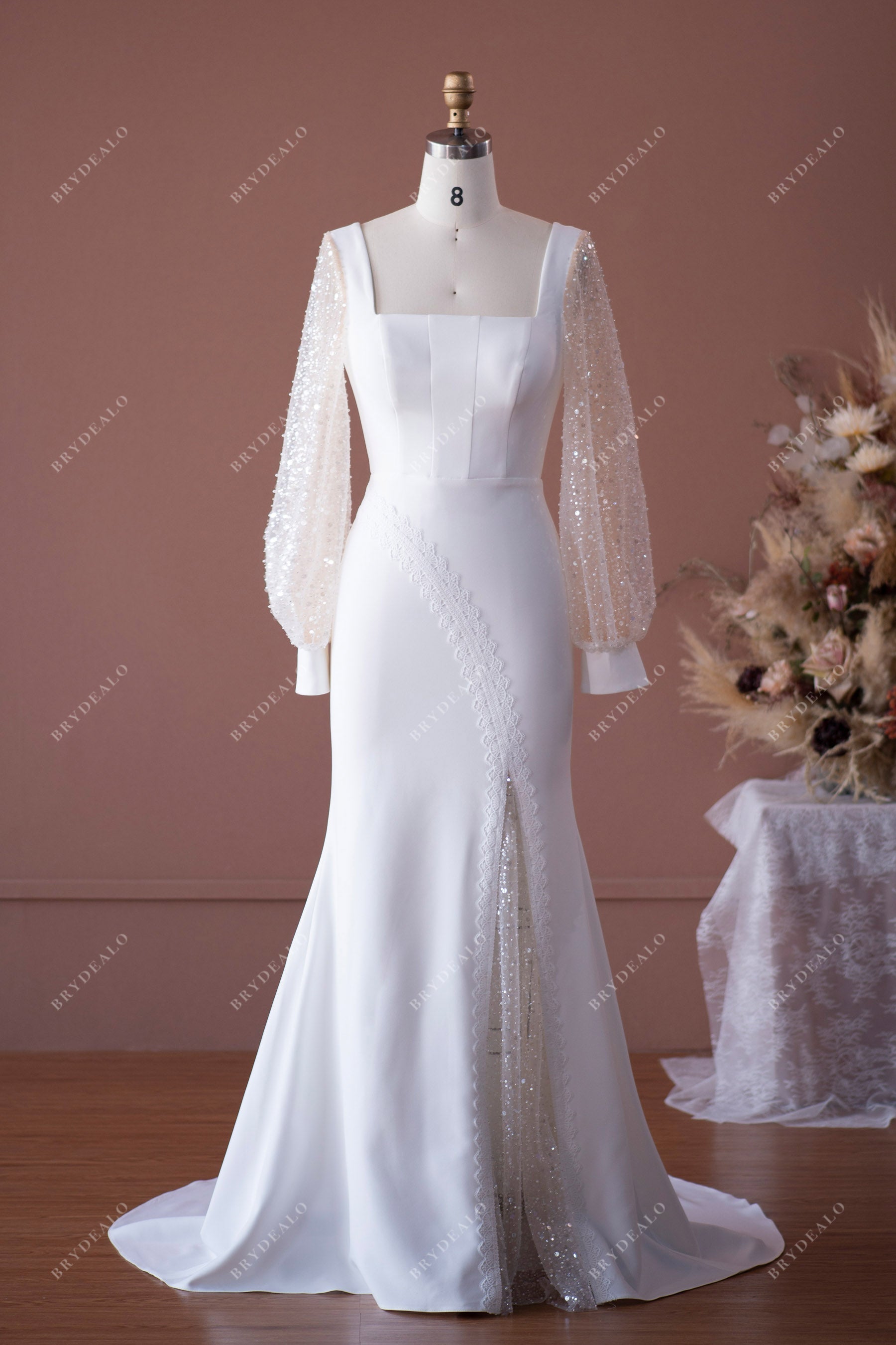 Sparkly Sheer Sleeves Square Neck Mermaid Crepe Wedding Dress