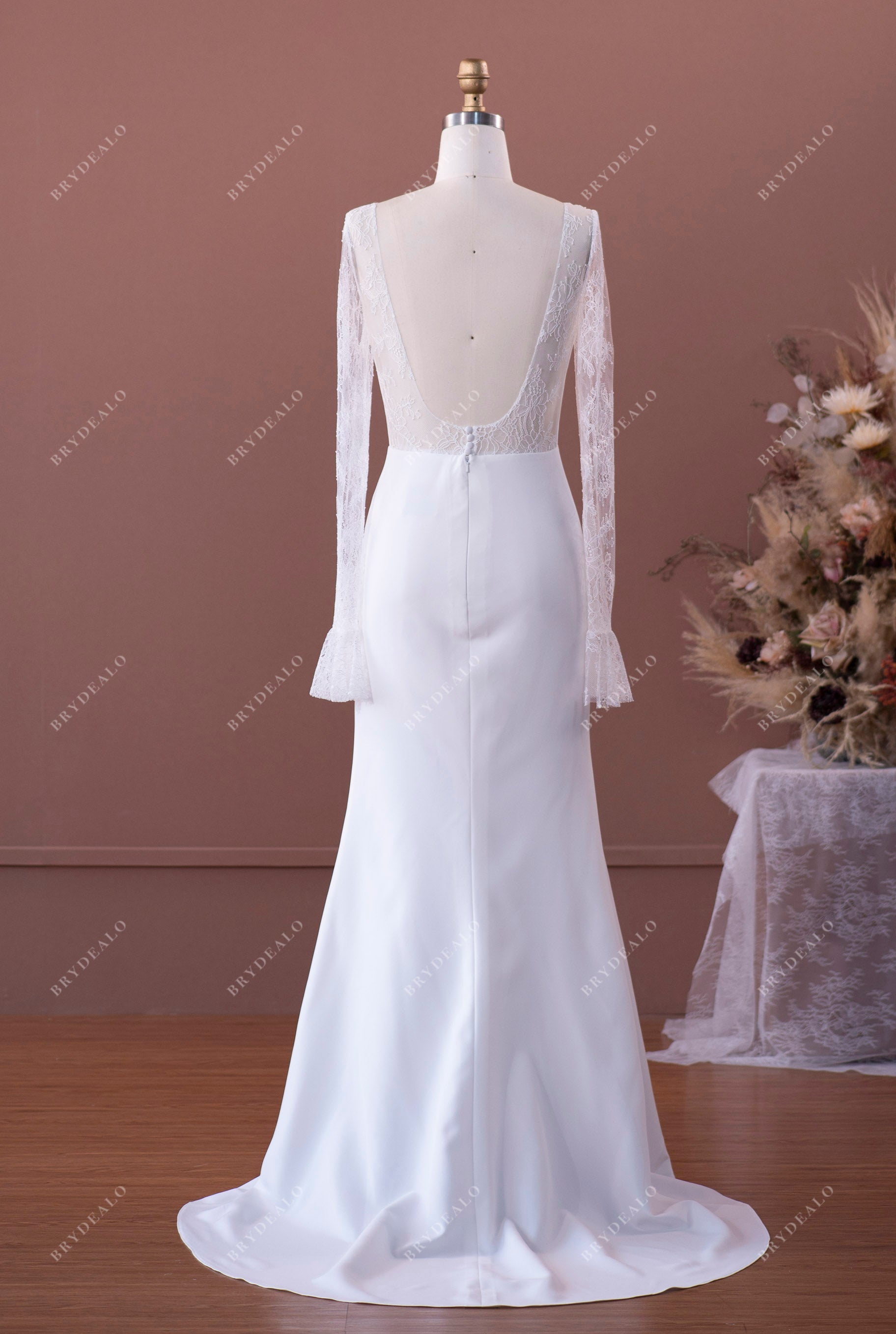 sexy open back mermaid crepe destination bridal gown