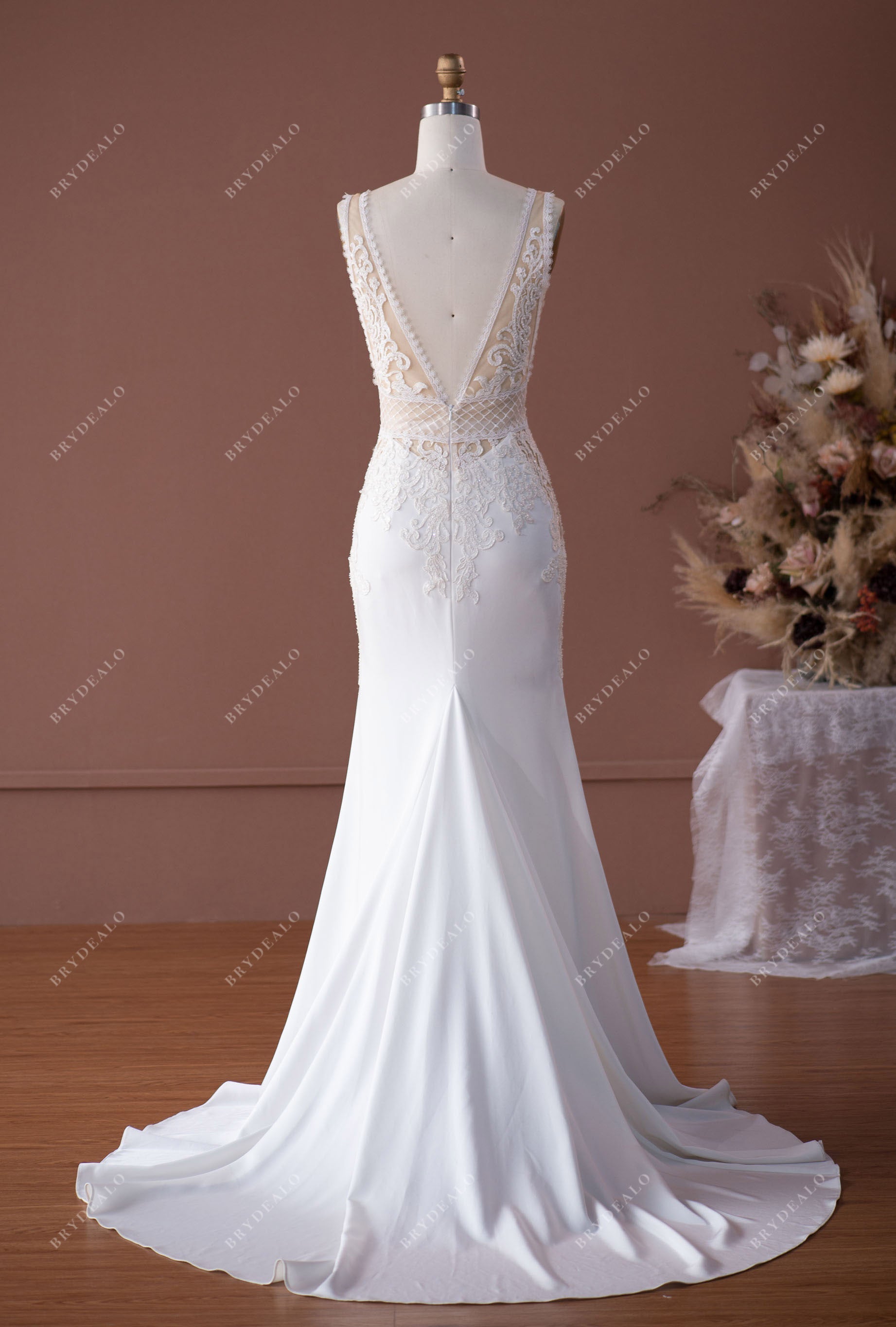 Open V-back court train satin mermaid wedding dress