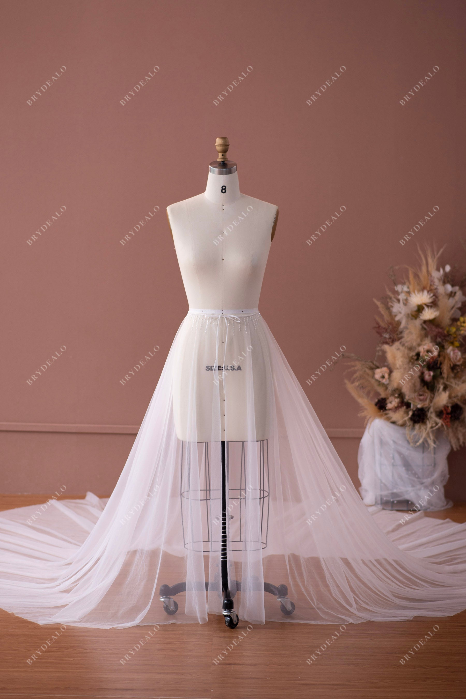 Beaded Tulle Detachable Long Bridal Overskirt Wedding Separates