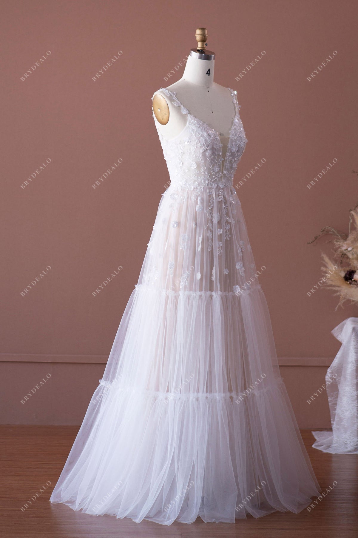 Romantic 3D Flower Lace Tiered Floor Length Boho Wedding Dress | Brydealo