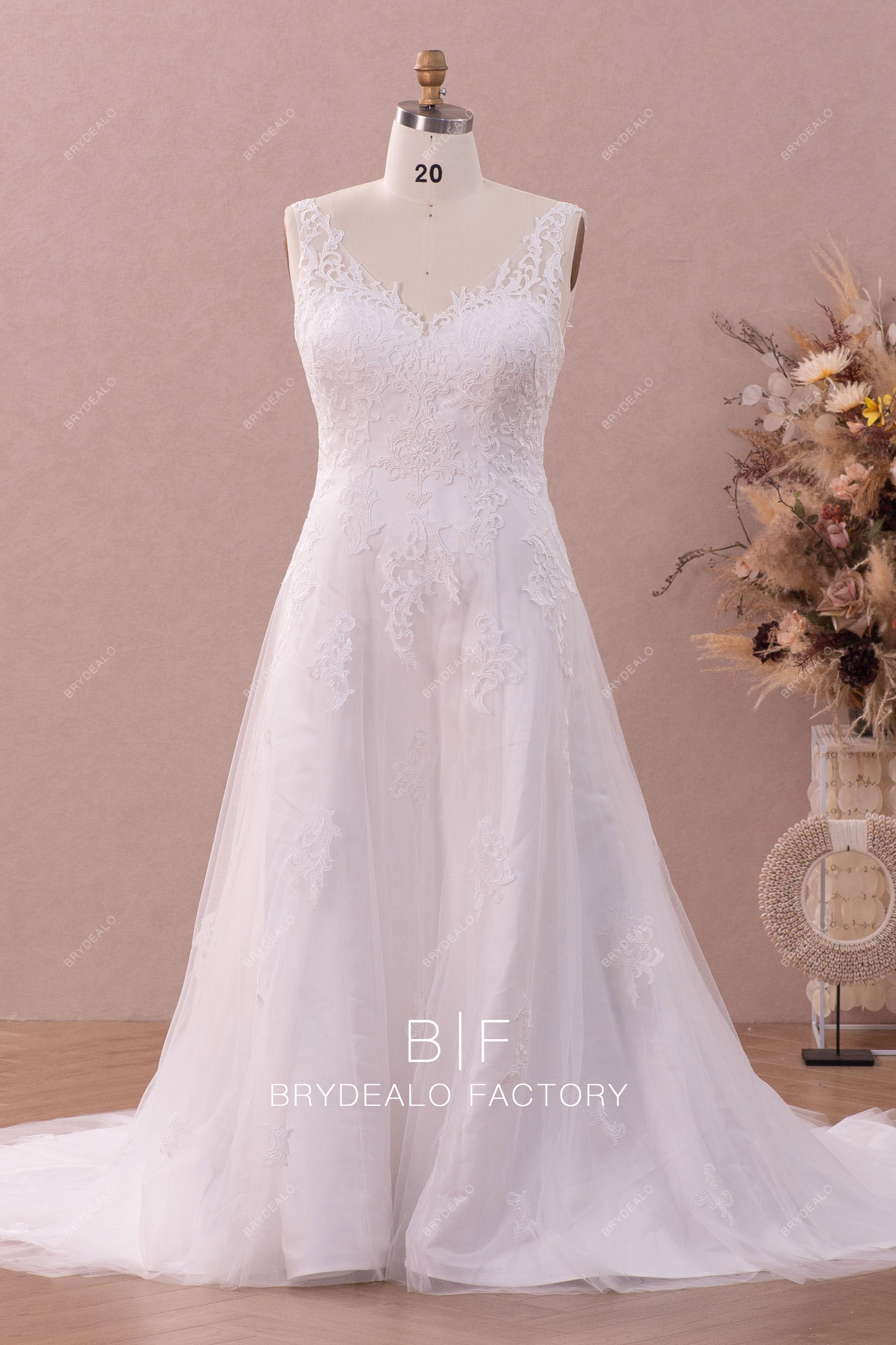 Plus Size Designer Lace Straps V-neck A-line  Wedding Gown