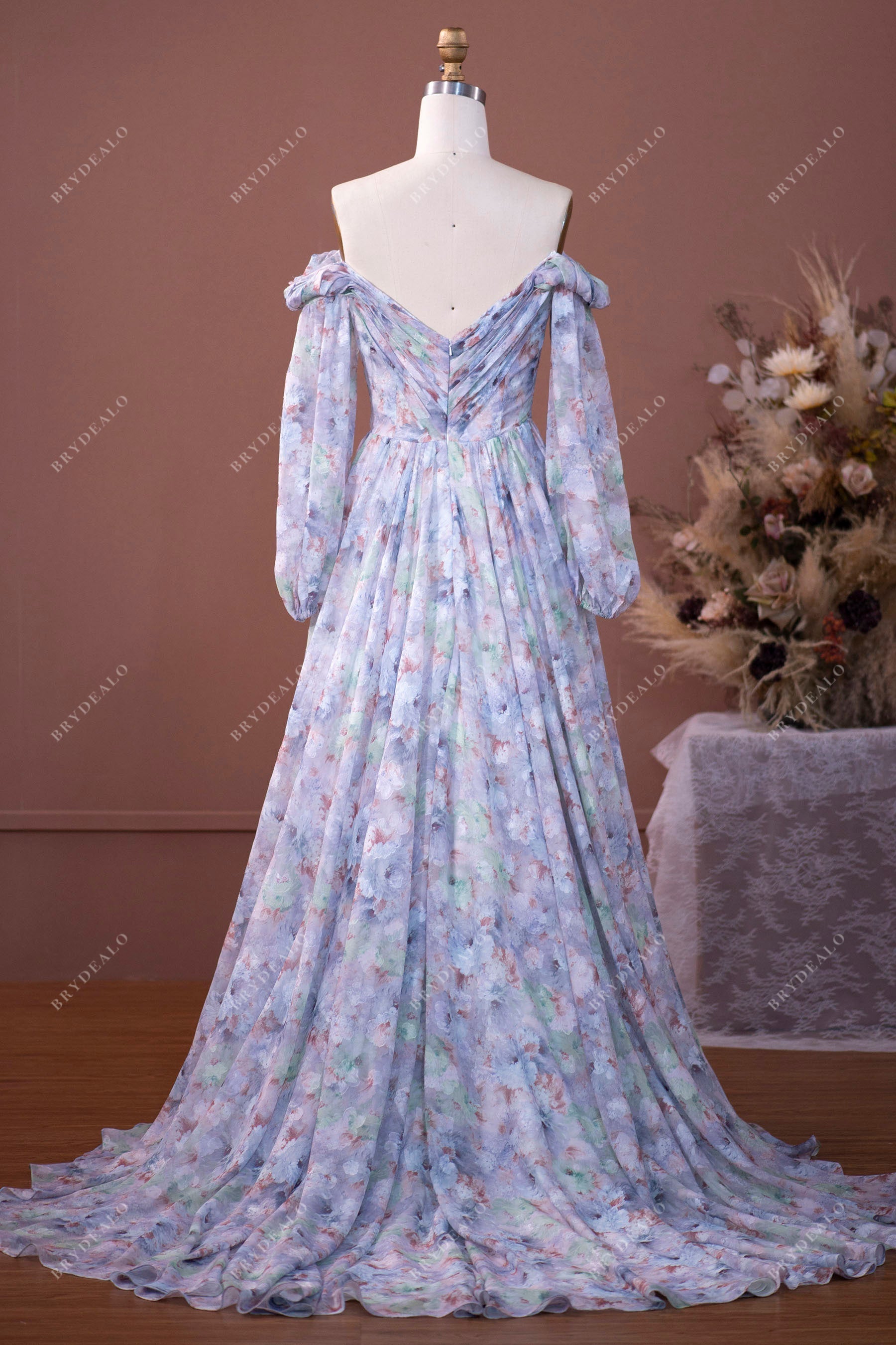 V-back off shoulder summer print chiffon bridal gown