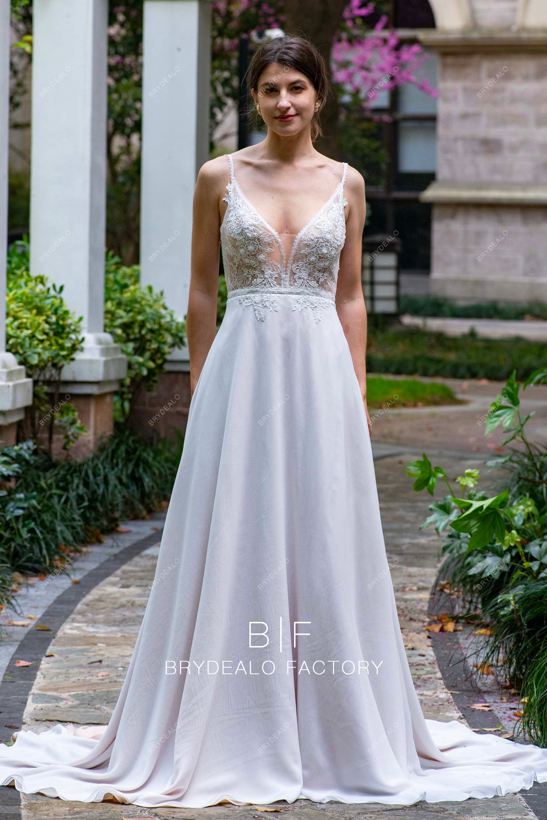 3D flower lace chiffon A line boho wedding dress