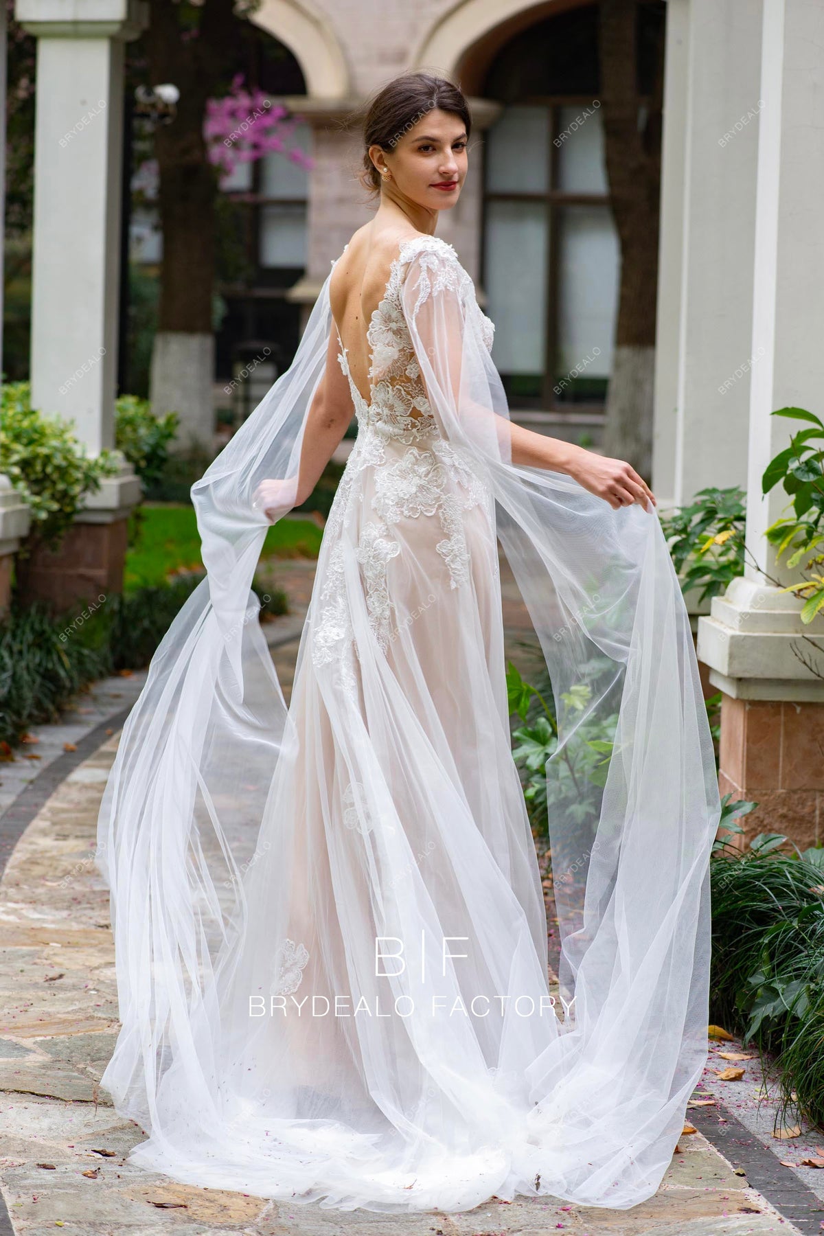 Designer 3D Flower Lace Plunging Modern Shoulder Veil Wedding Dress