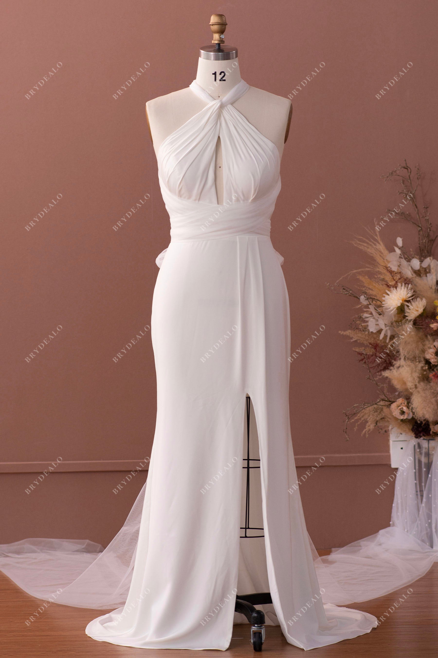 halter keyhole satin slit mermaid informal bridal dress