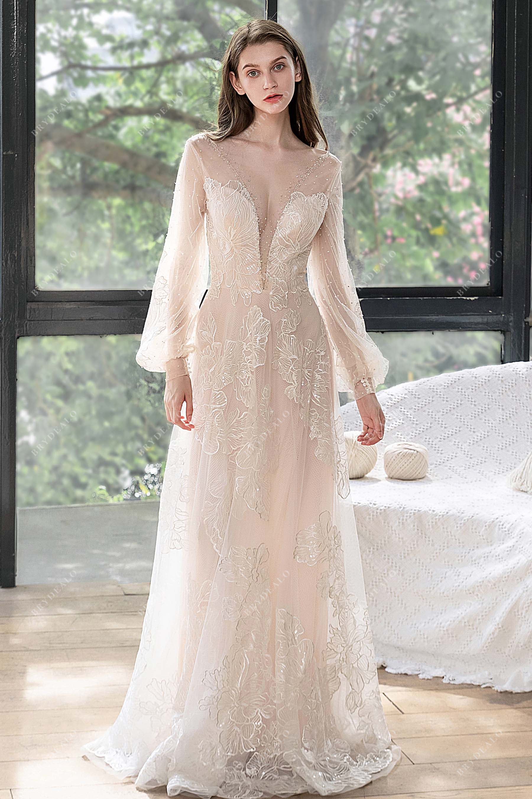Illusion V-neck puffy sleeve floor length bridal gown