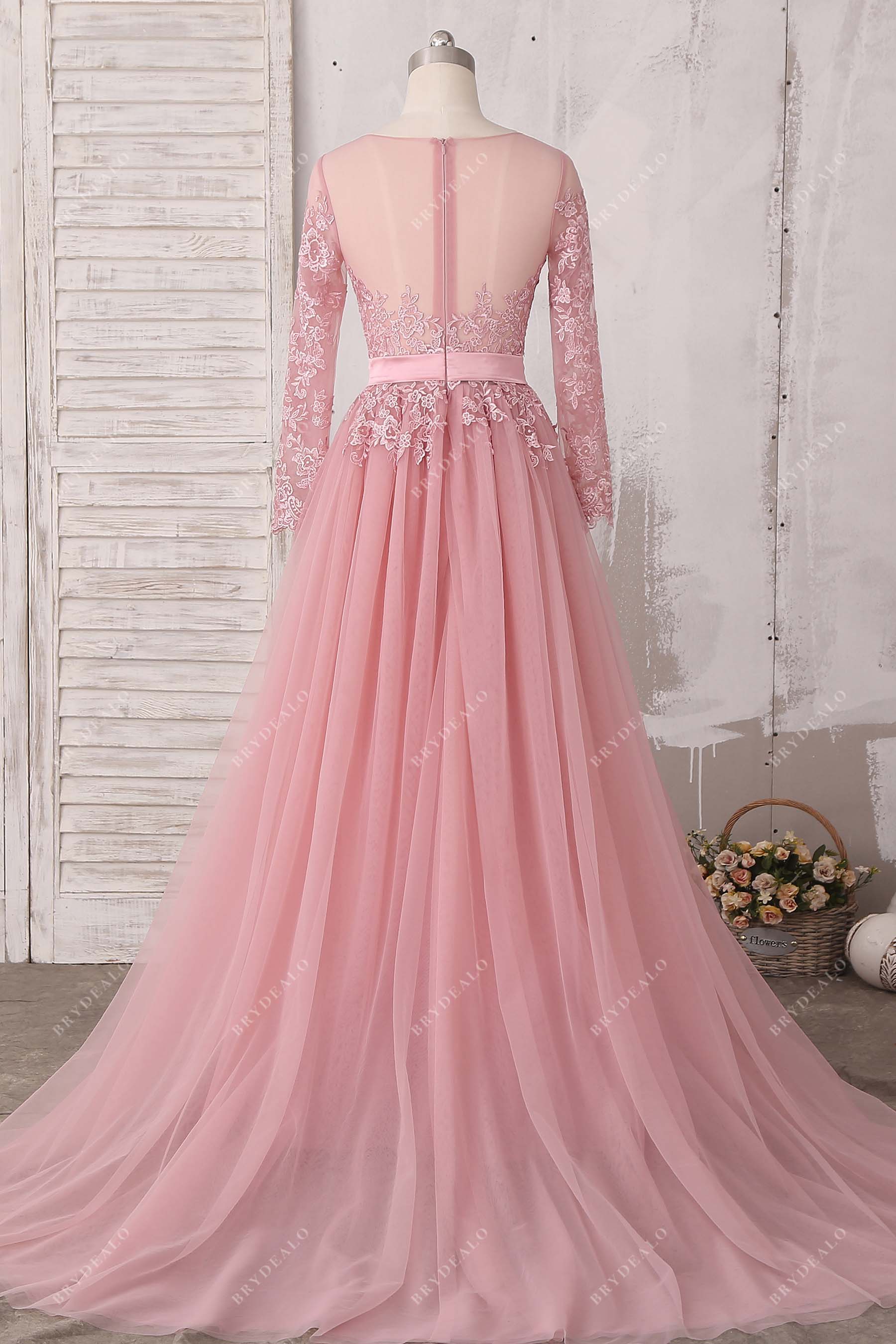 illusion back tulle A-line pleated bridal gown