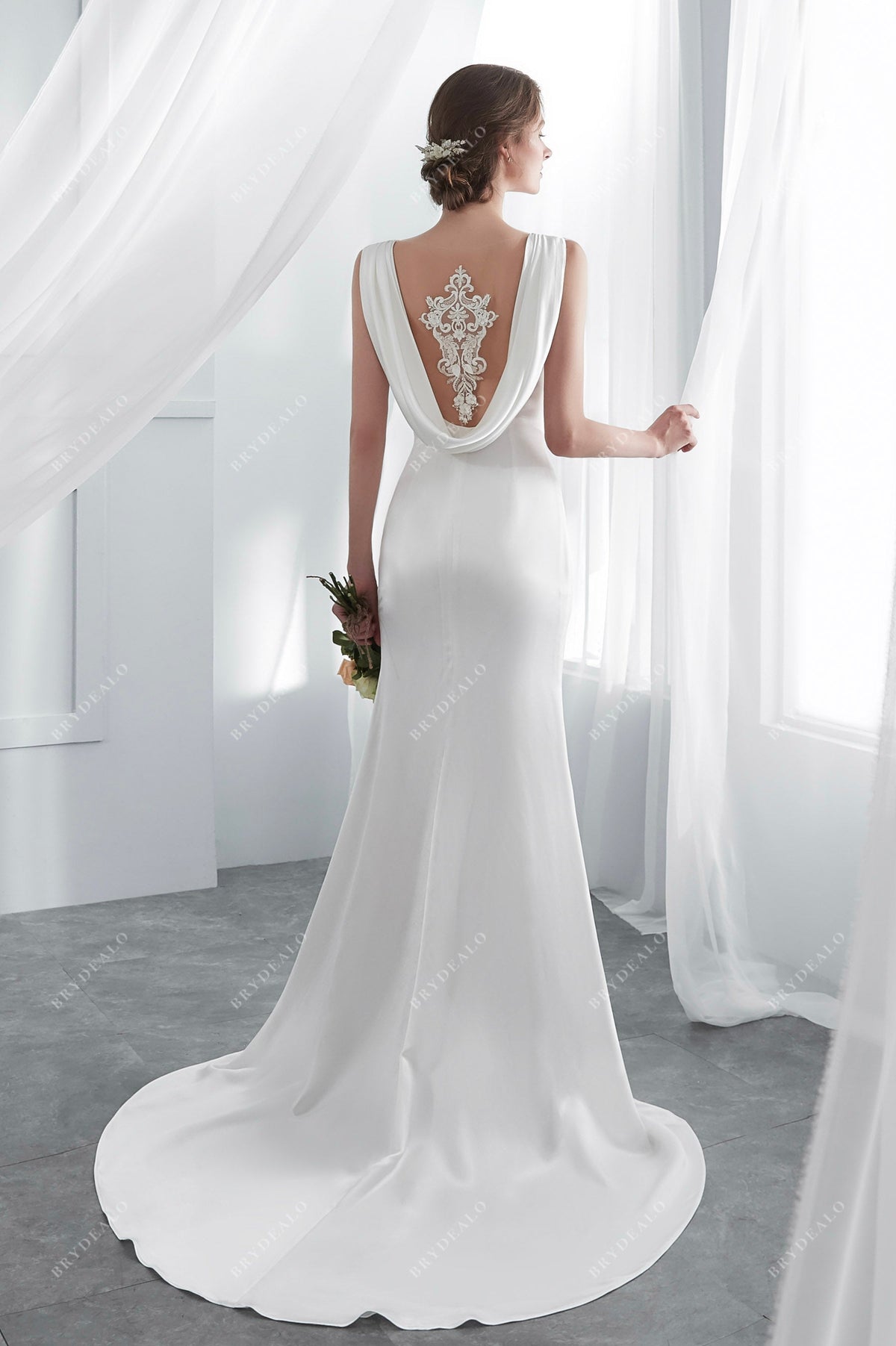 Classic Sleeveless Designer Wedding Dress: Jewel Neck, Cowl Back, Lace Brydealo Classic Sleeveless Designer Wedding Dress: Jewel Neck, Cowl Back, Lace Brydealo